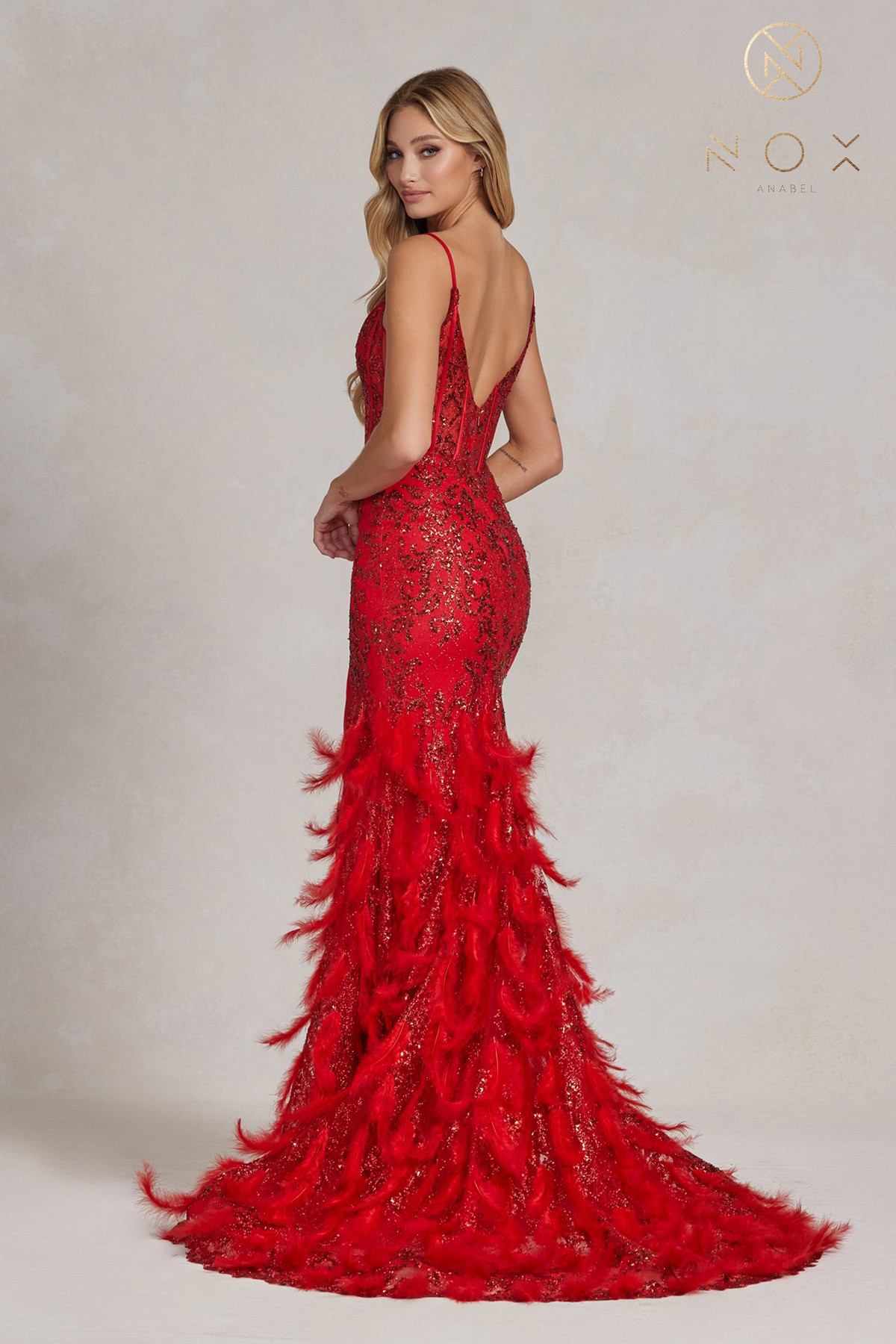 Chic A-Line V-Neckline Feathers Thin Spaghetti Straps Gown #C1119