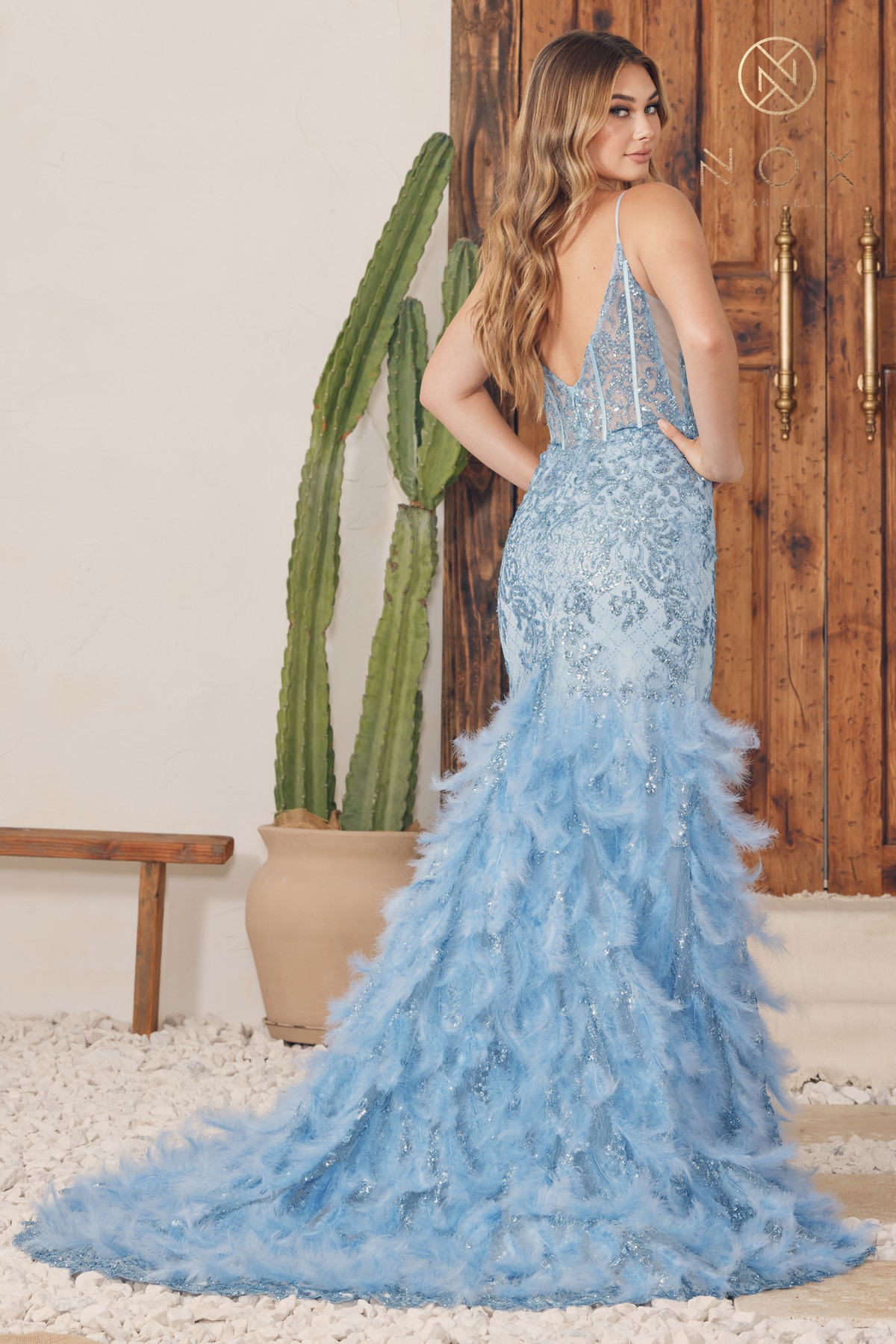 Chic A-Line V-Neckline Feathers Thin Spaghetti Straps Gown #C1119