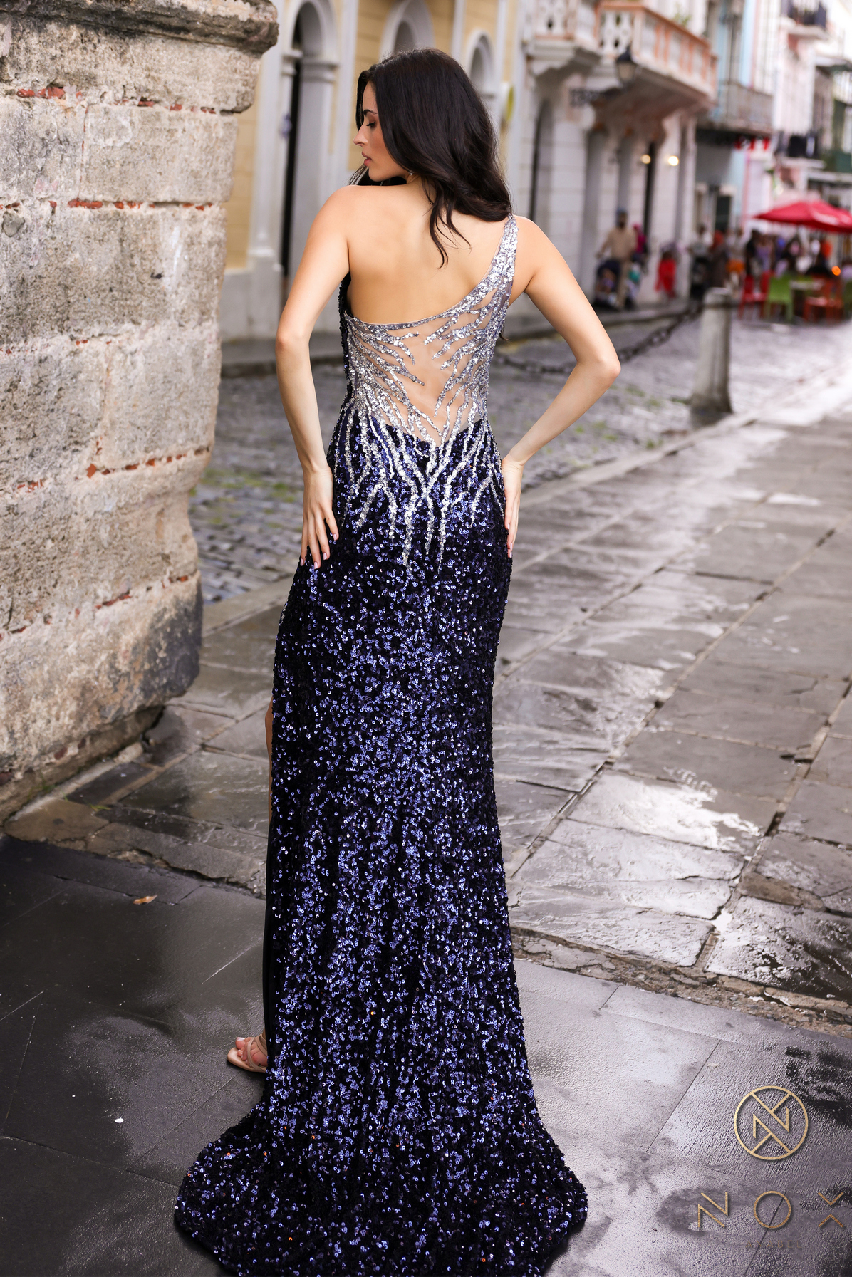 Fitted One Shoulder Sweetheart Sequin Slit Gown #E1280