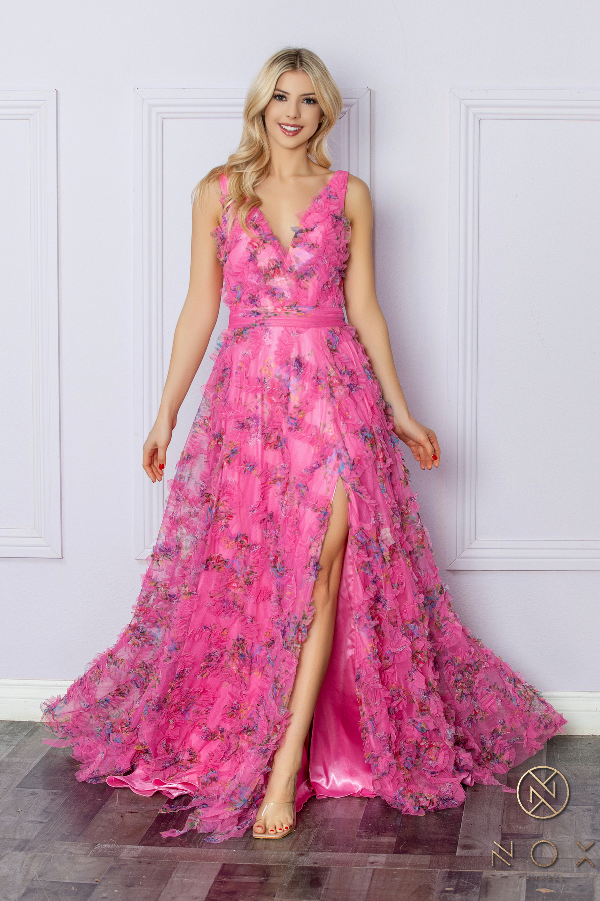 A-Line Deep V-Neck Floral Tulle Slit Gown #E1445