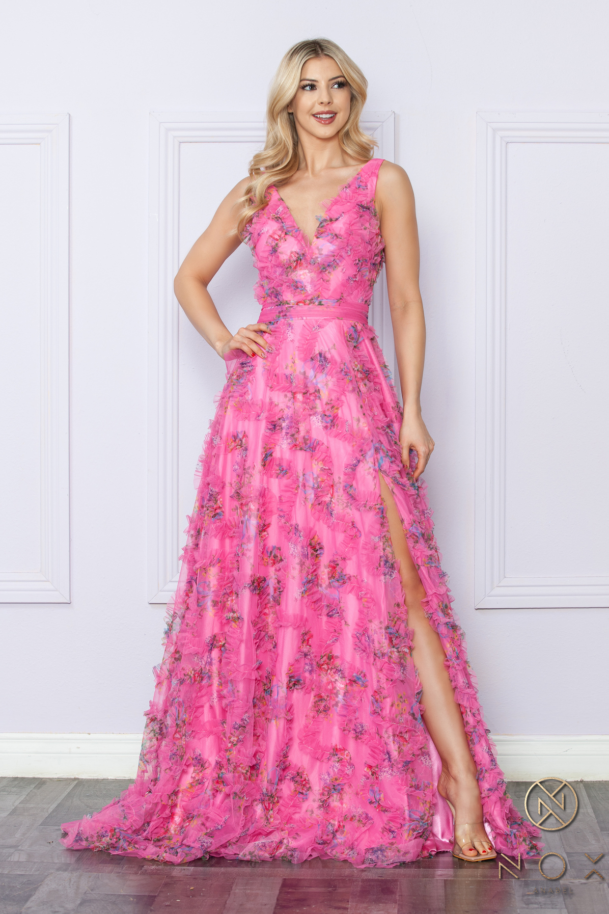 A-Line Deep V-Neck Floral Tulle Slit Gown #E1445