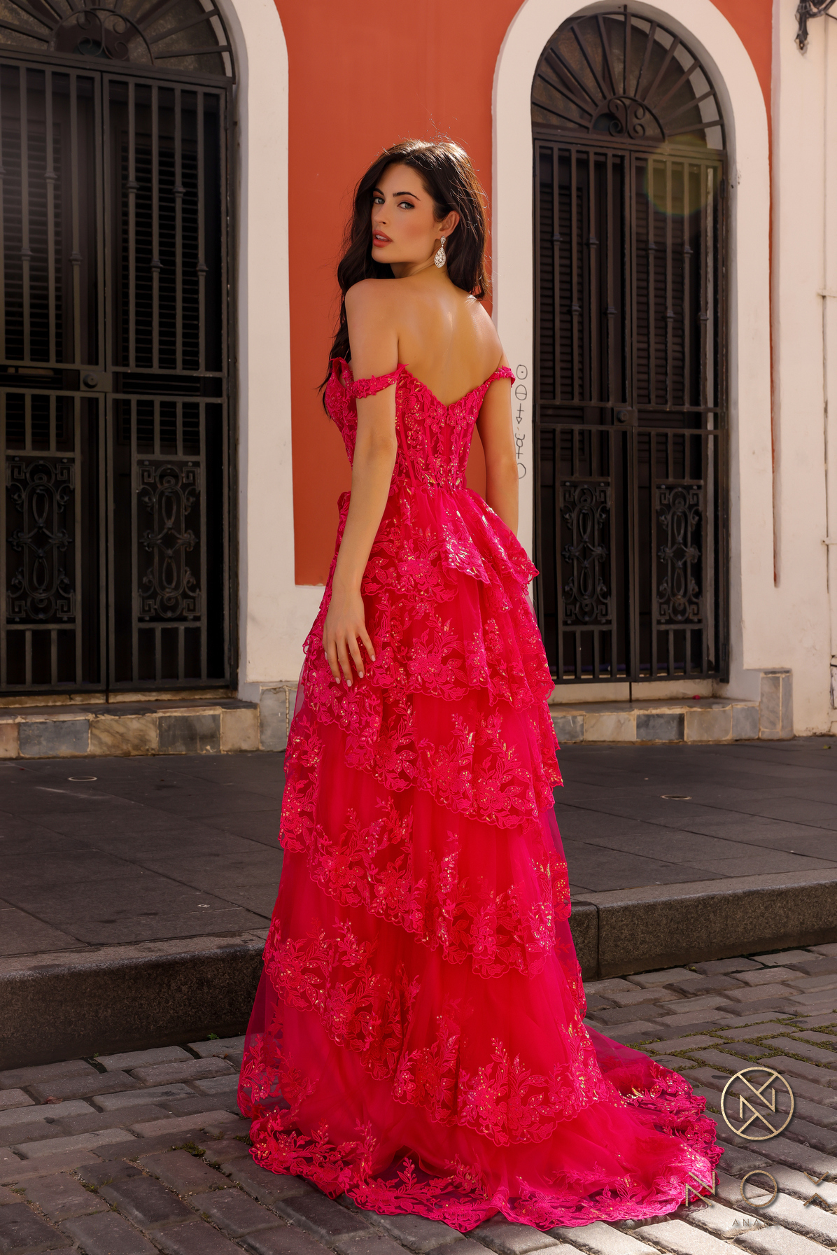 A-Line Off The Shoulder Tiered Lace Slit Gown #T1335