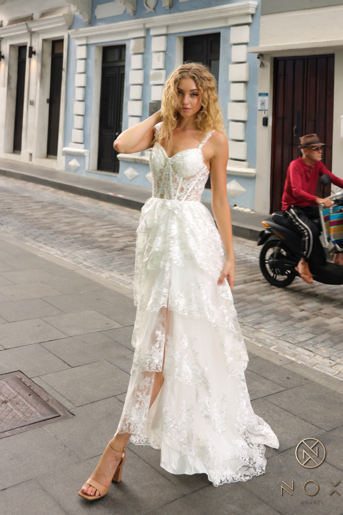 A-Line Off The Shoulder Tiered Lace Slit Gown #T1335