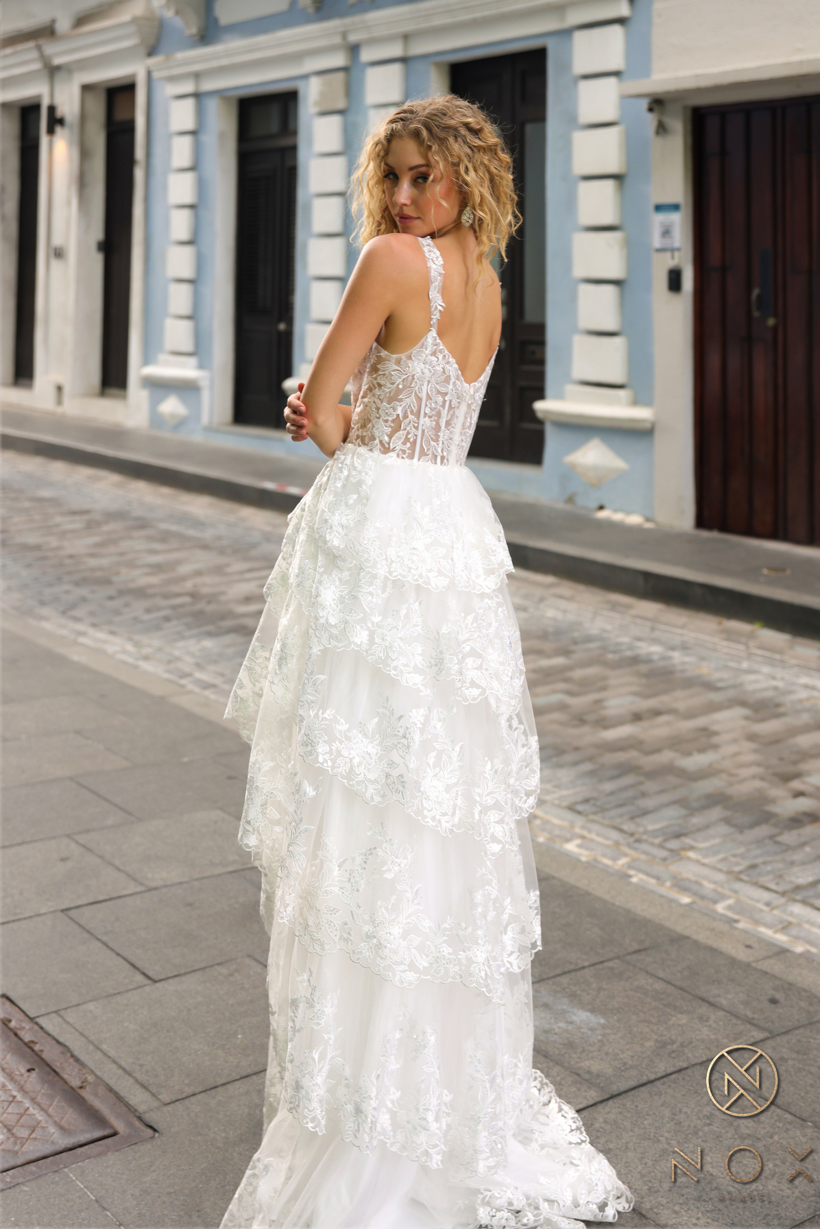 A-Line Off The Shoulder Tiered Lace Slit Gown #T1335