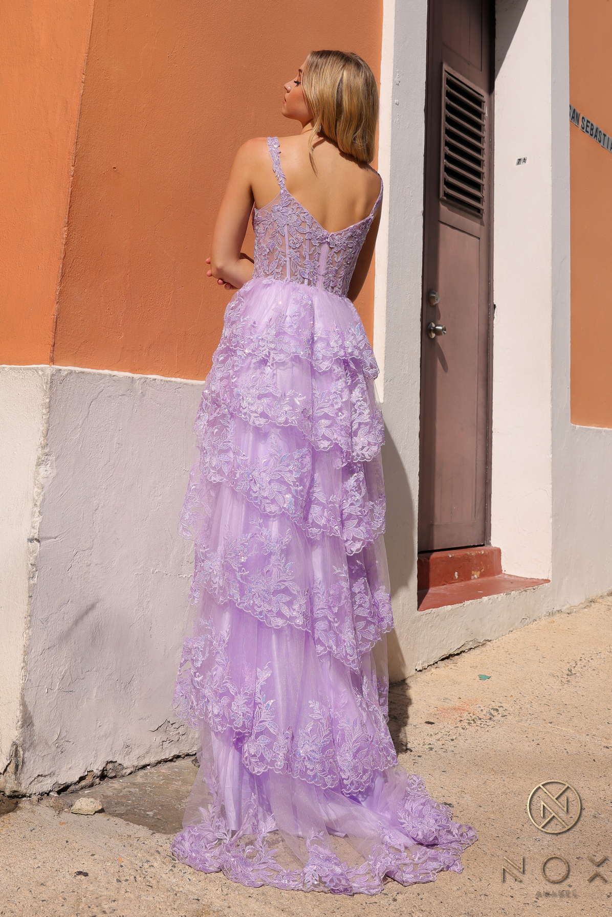 A-Line Off The Shoulder Tiered Lace Slit Gown #T1335
