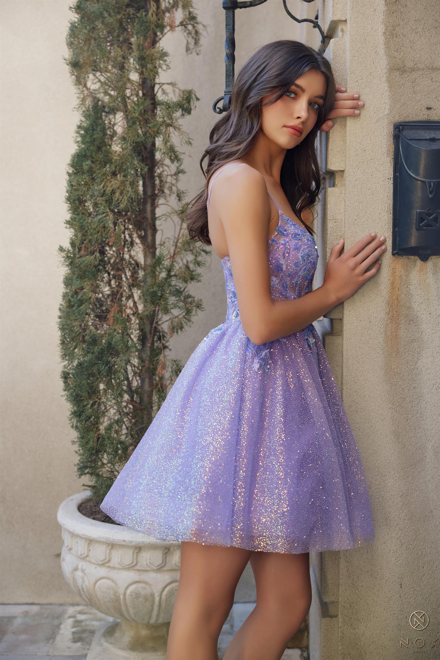 Purple Glitter Tulle A-Line Low Cut V-Neck Formal Dress #E901