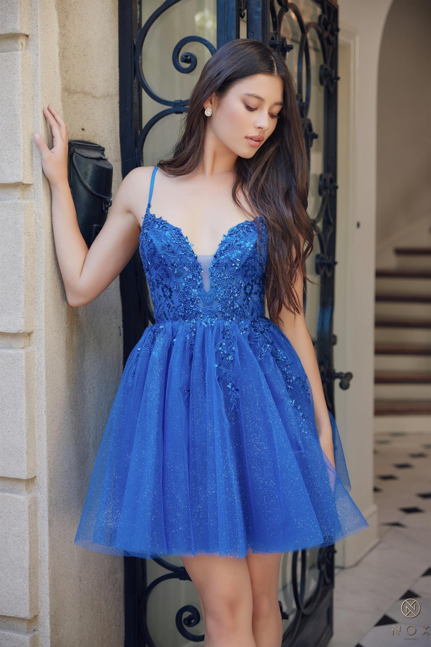 A-Line V-Neck Glitter Tulle Sequin Appliques Formal Dress #E902