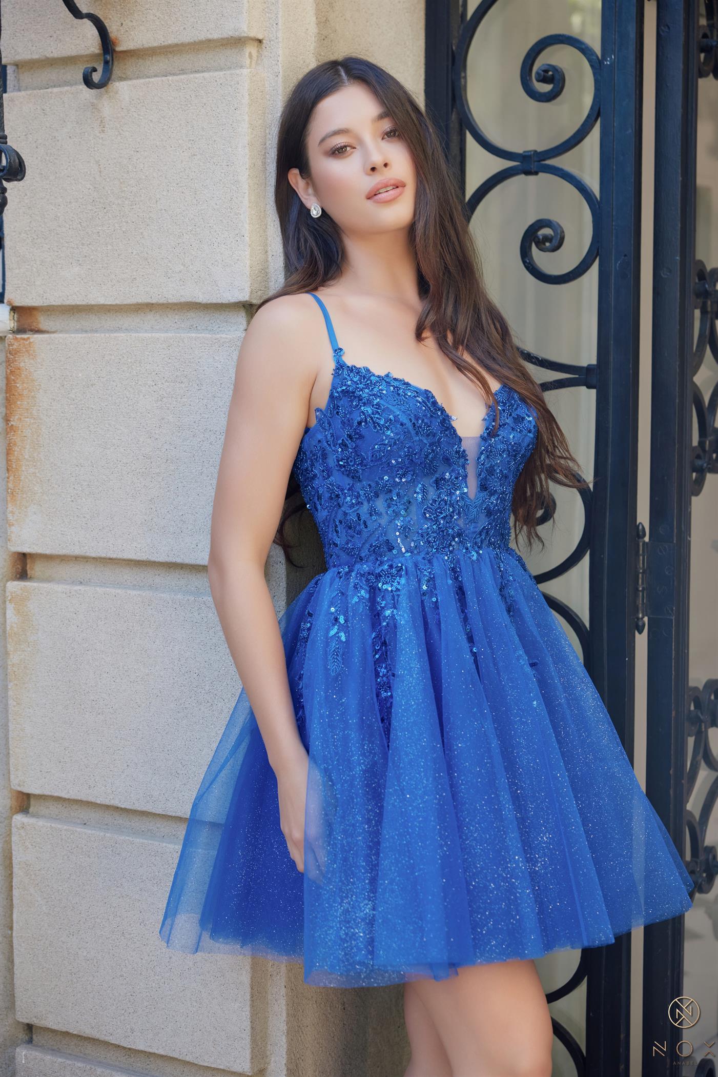 A-Line V-Neck Glitter Tulle Sequin Appliques Formal Dress #E902