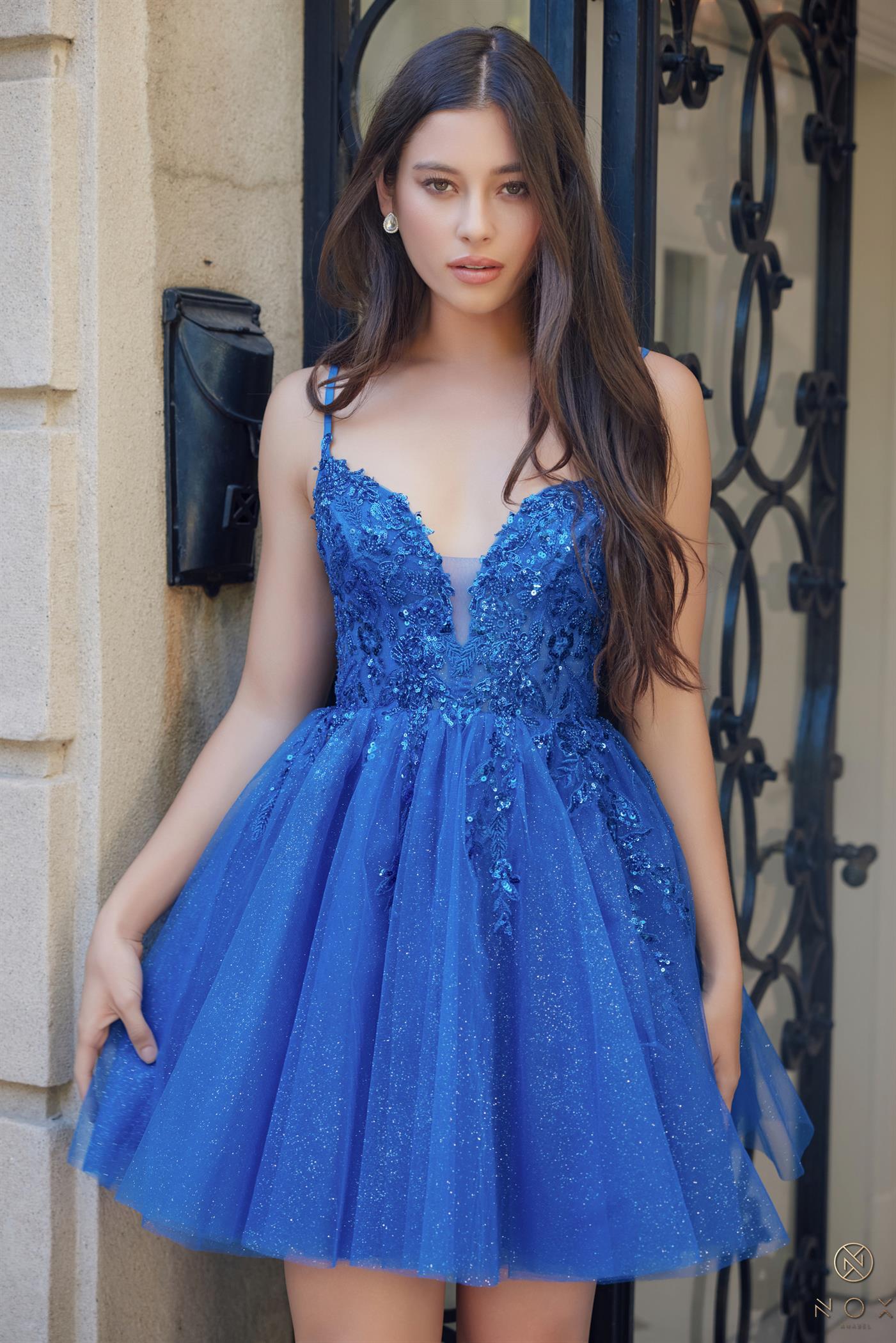 A-Line V-Neck Glitter Tulle Sequin Appliques Formal Dress #E902
