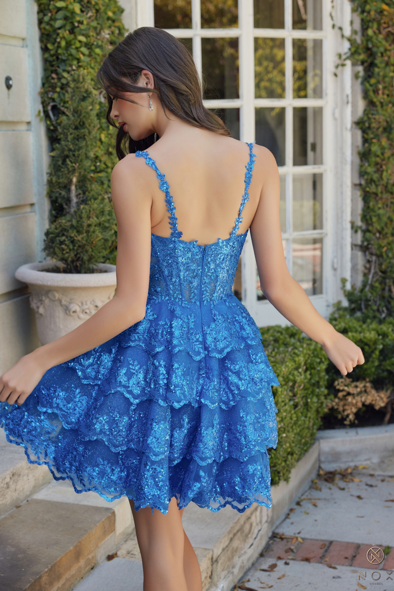 Sexy Deep V-Neck Sequin Emblished Floweral Ruffled Bottom Homecoming Dress #E914
