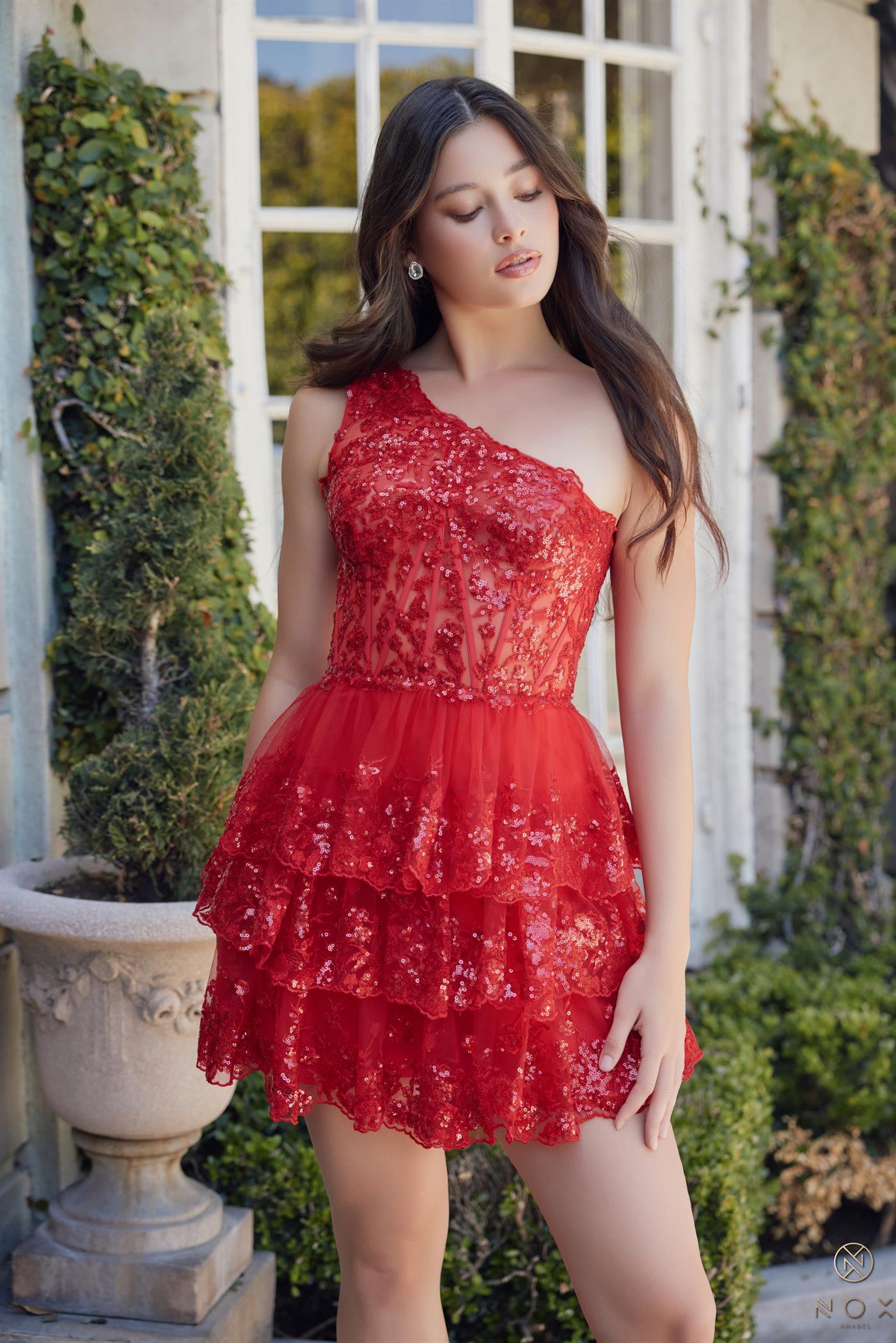 One Shoulder Ruffle Bottom Sequin Lace Fomal Dress #K855