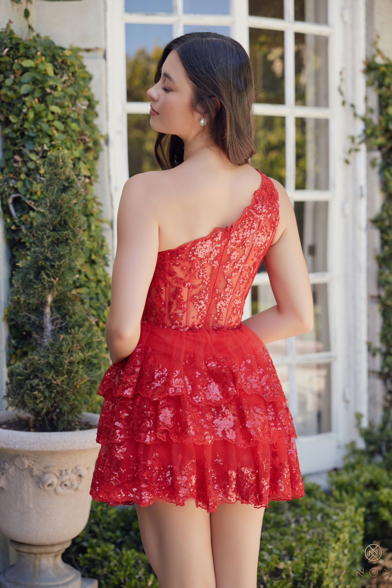 One Shoulder Ruffle Bottom Sequin Lace Fomal Dress #K855