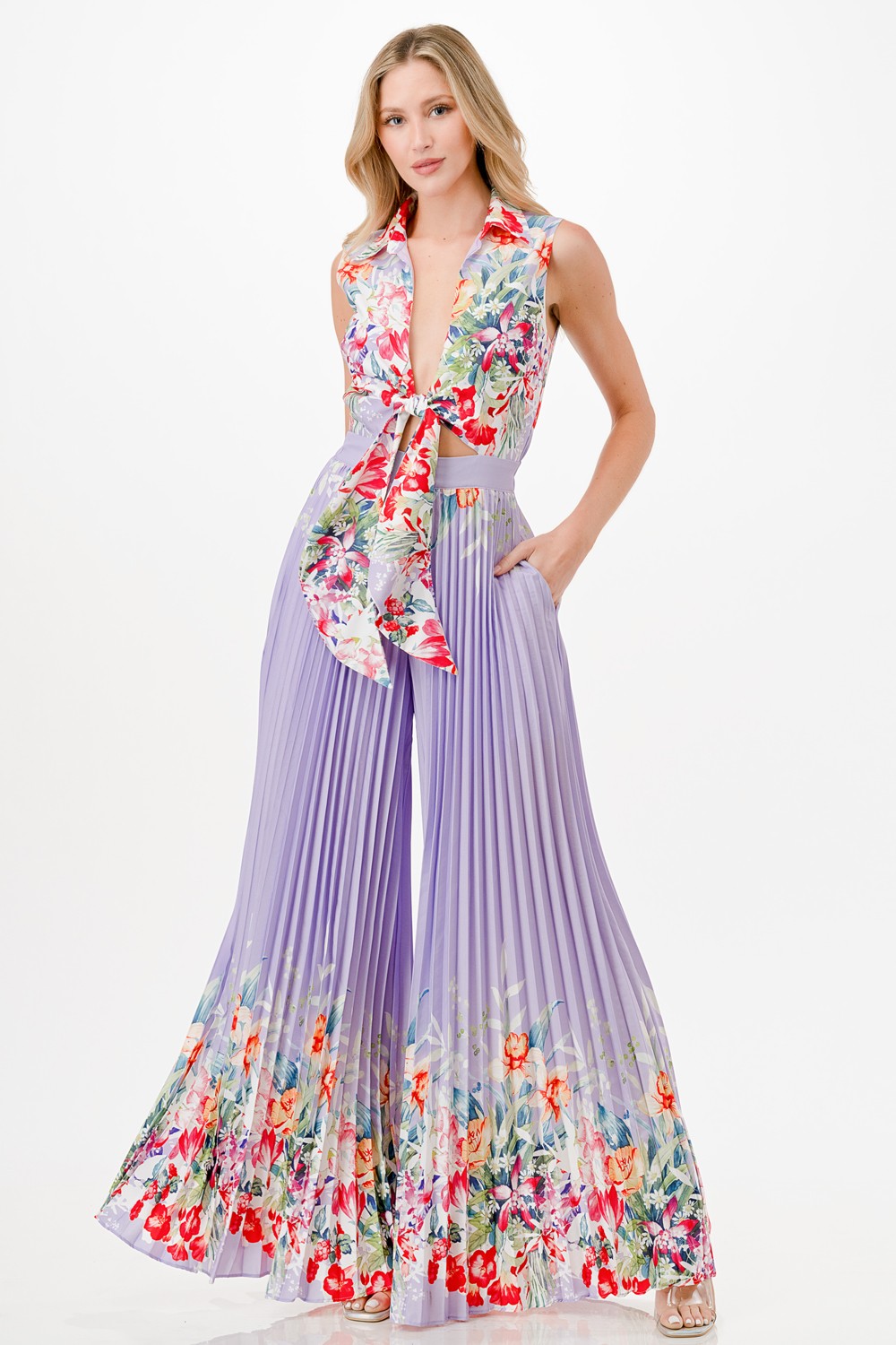 Floral Print Pleated Wide Leg Jumpsuit