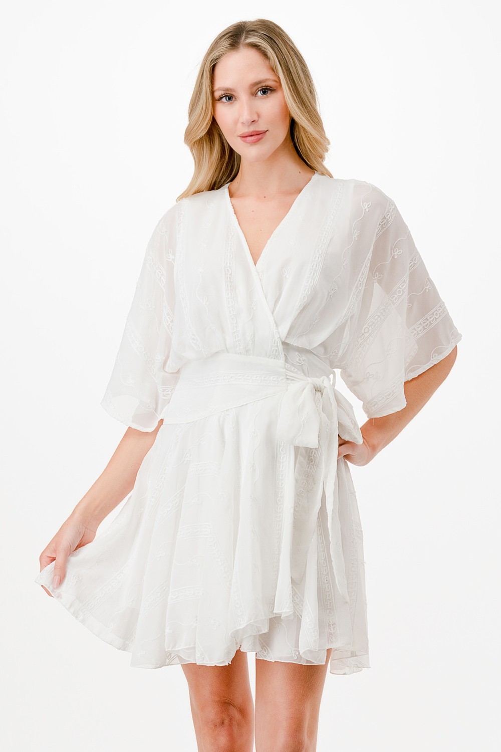 Embroidery Detail Wrap Mini Dress