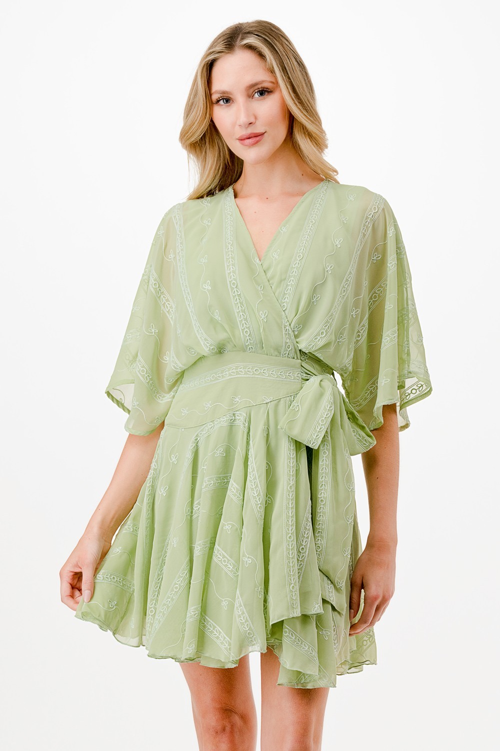 Embroidery Detail Wrap Mini Dress