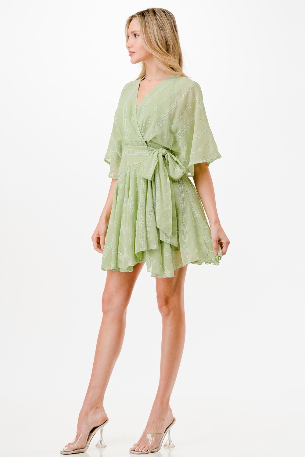 Embroidery Detail Wrap Mini Dress