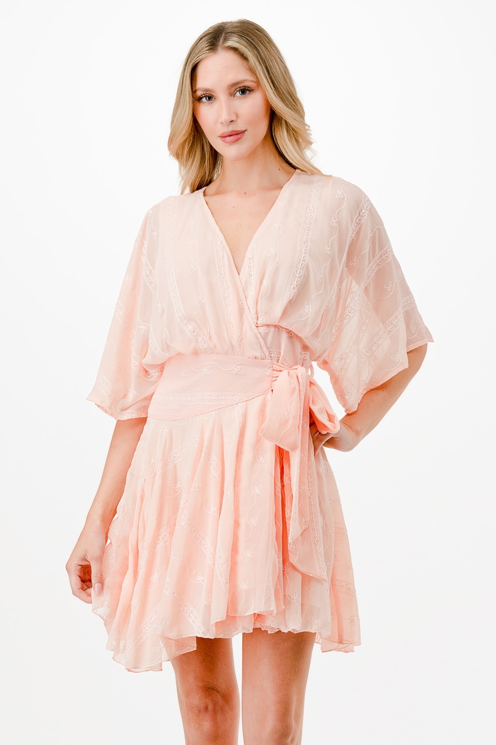 Embroidery Detail Wrap Mini Dress
