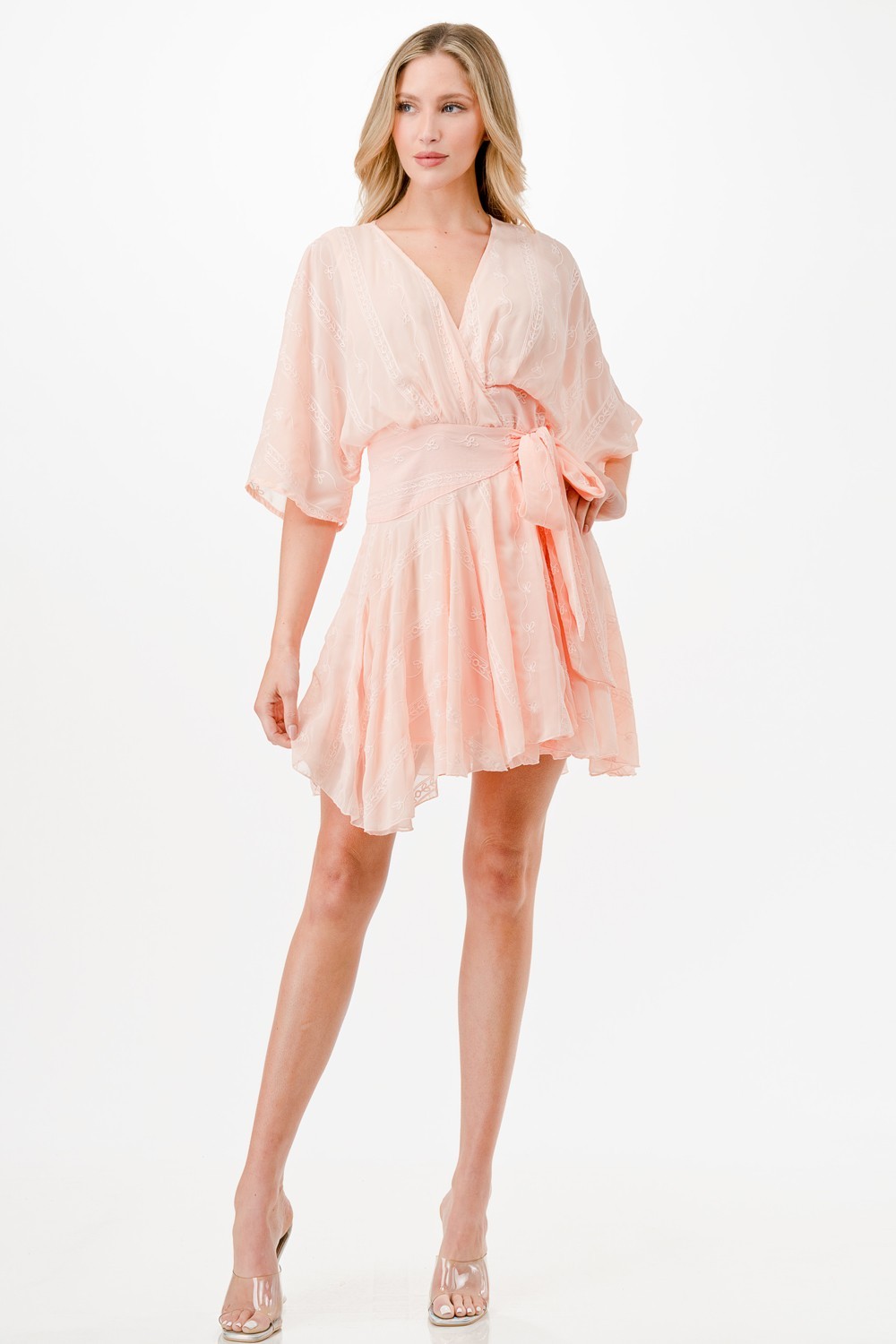 Embroidery Detail Wrap Mini Dress