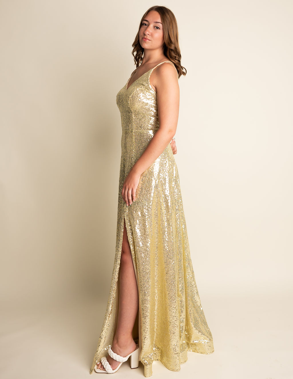 A-Line V-Neck Spaghetti Straps Gold Sequin Bridesmaid Dress #RJBM010