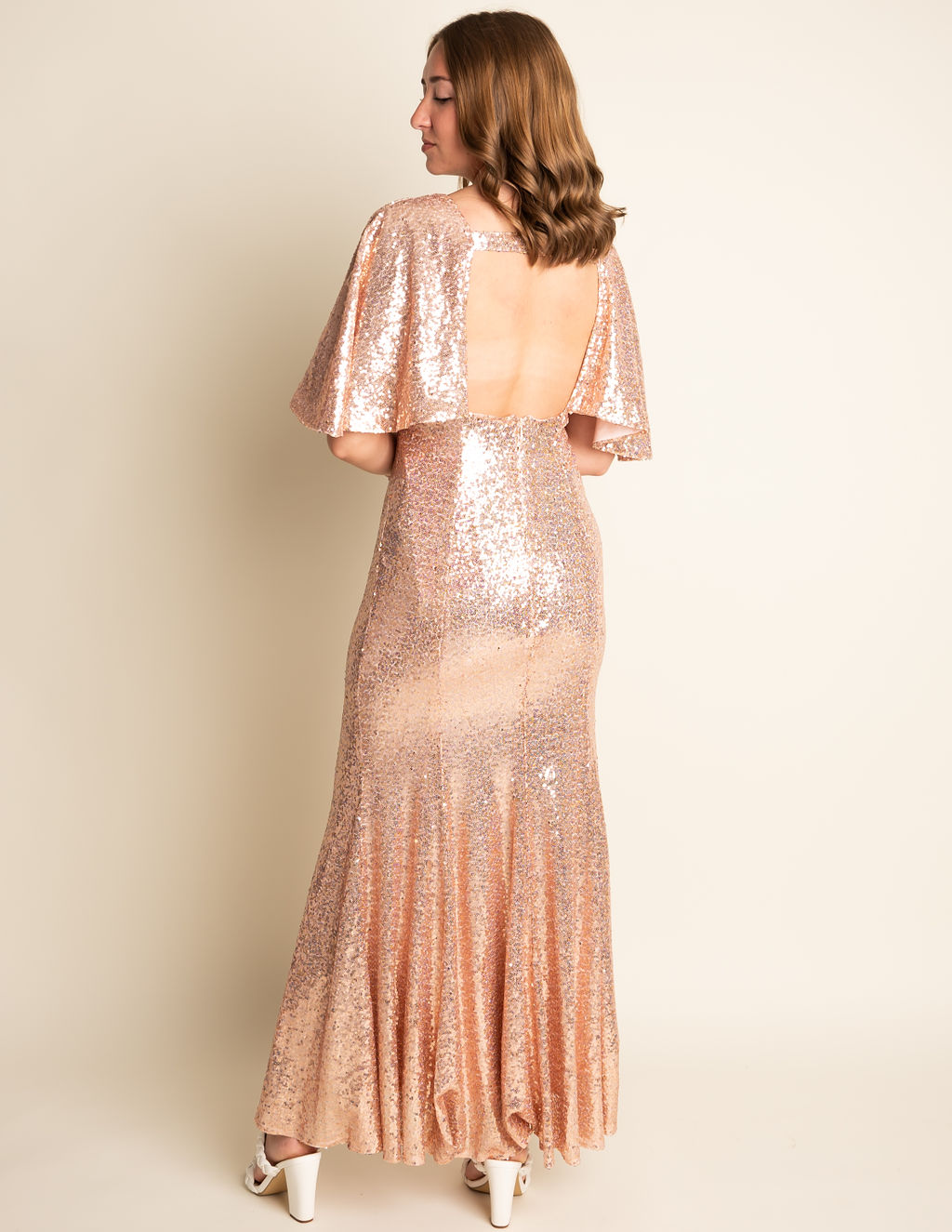 Fit and Flare V-neck Short Sleeve Gold Sequin Bridesmaid Dress #RJBM011