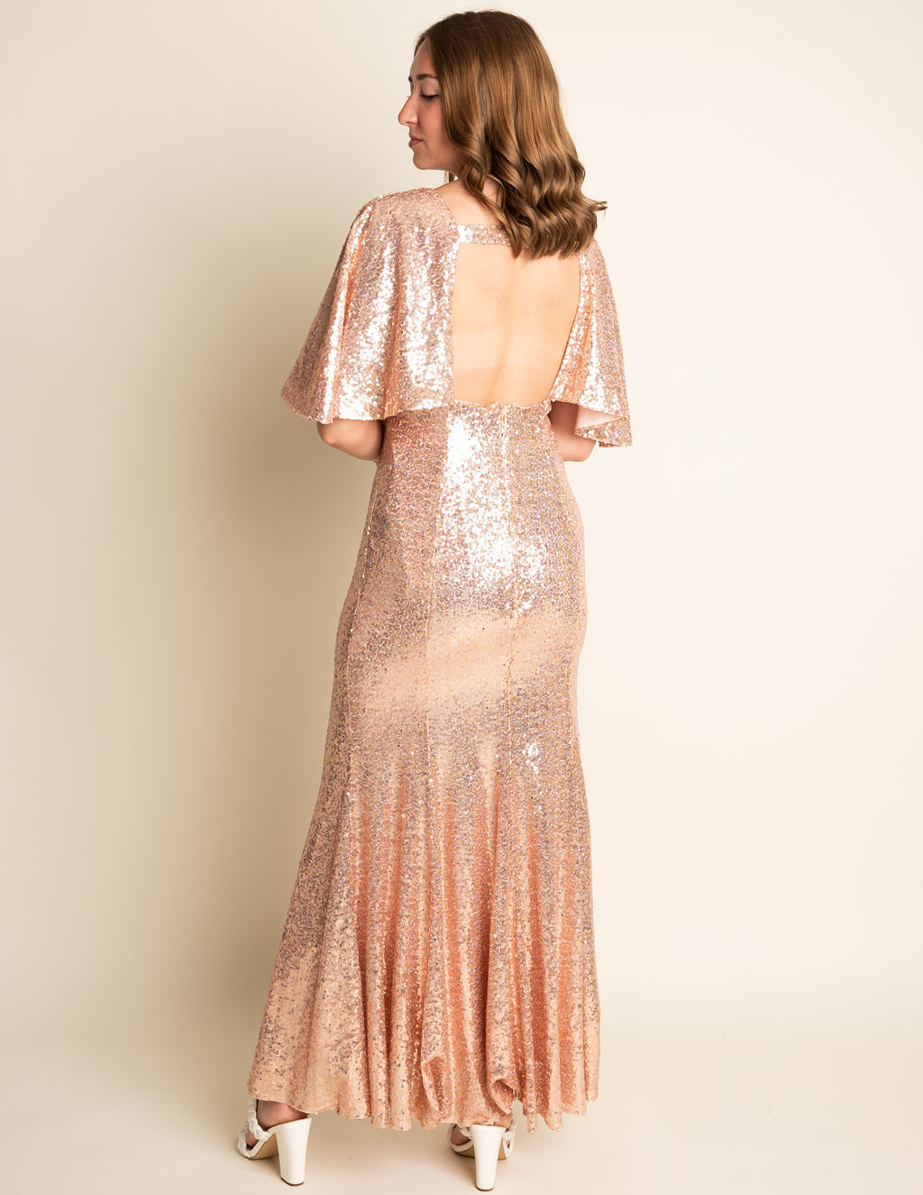 Fit and Flare V-neck Short Sleeve Gold Sequin Bridesmaid Dress #RJBM011