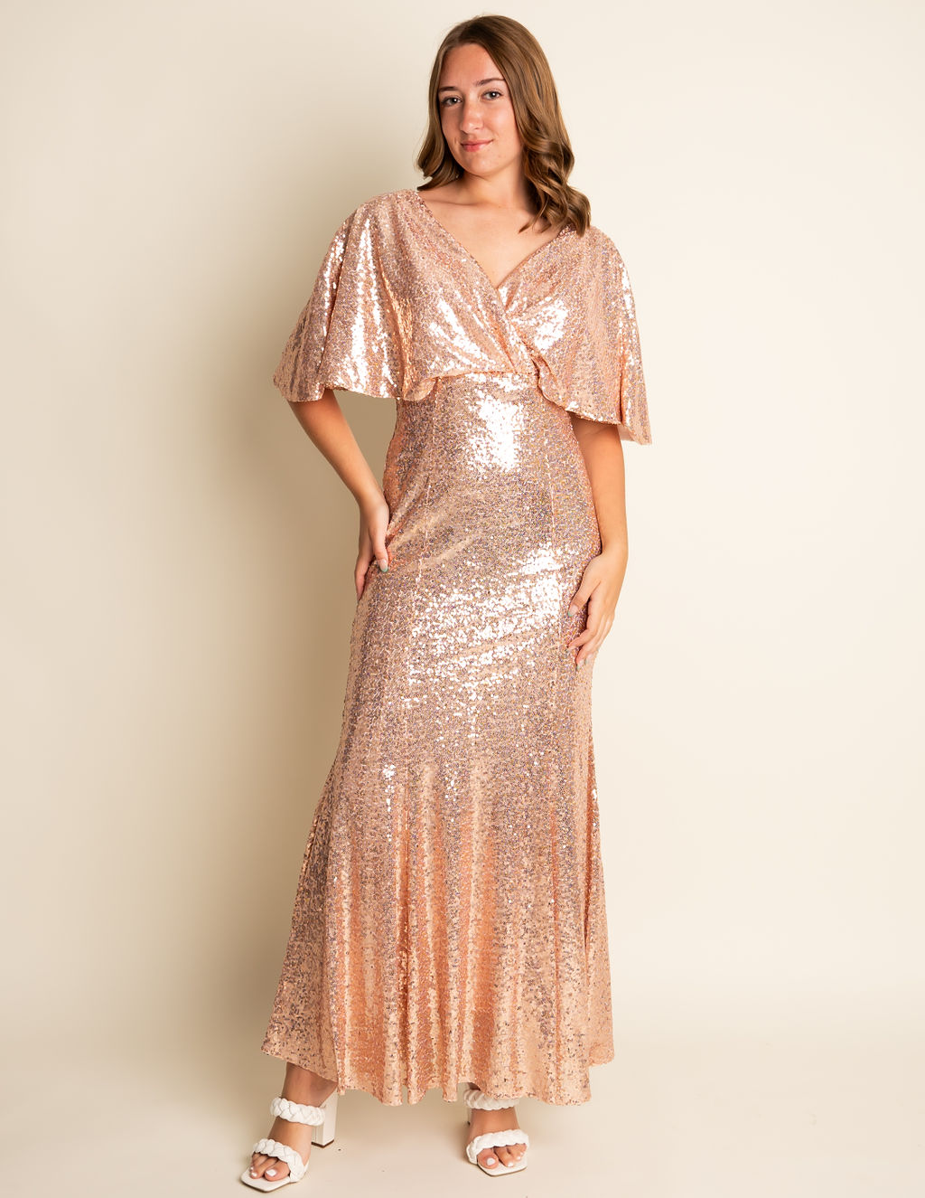 Fit and Flare V-neck Short Sleeve Gold Sequin Bridesmaid Dress #RJBM011
