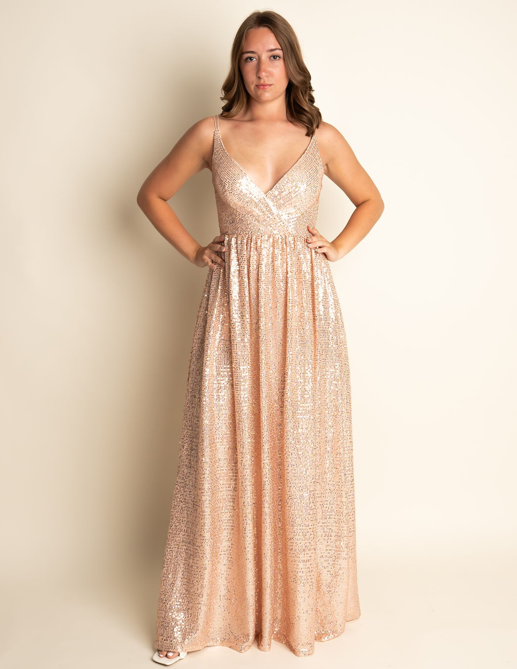 A-Line Rose Gold Spaghetti Strap Sequin Bridesmaid Dress #RJBM014