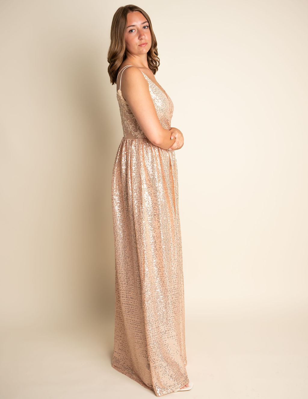 A-Line Rose Gold Spaghetti Strap Sequin Bridesmaid Dress #RJBM014
