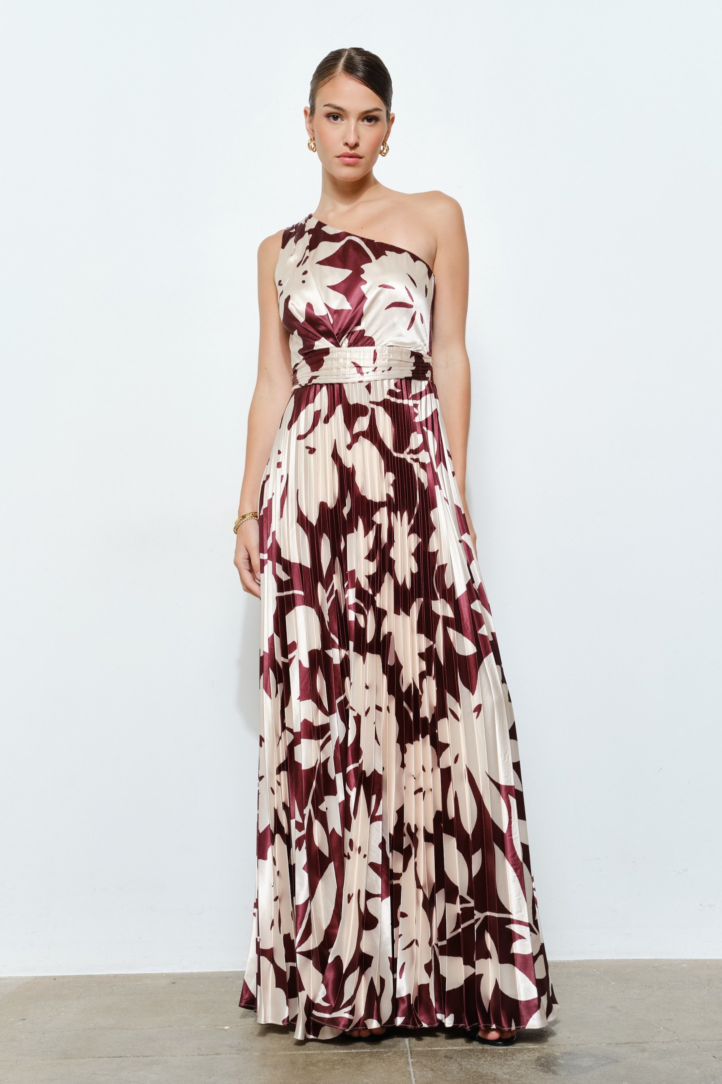 One Shoulder Satin Floral Print Pleated Maxi Dress