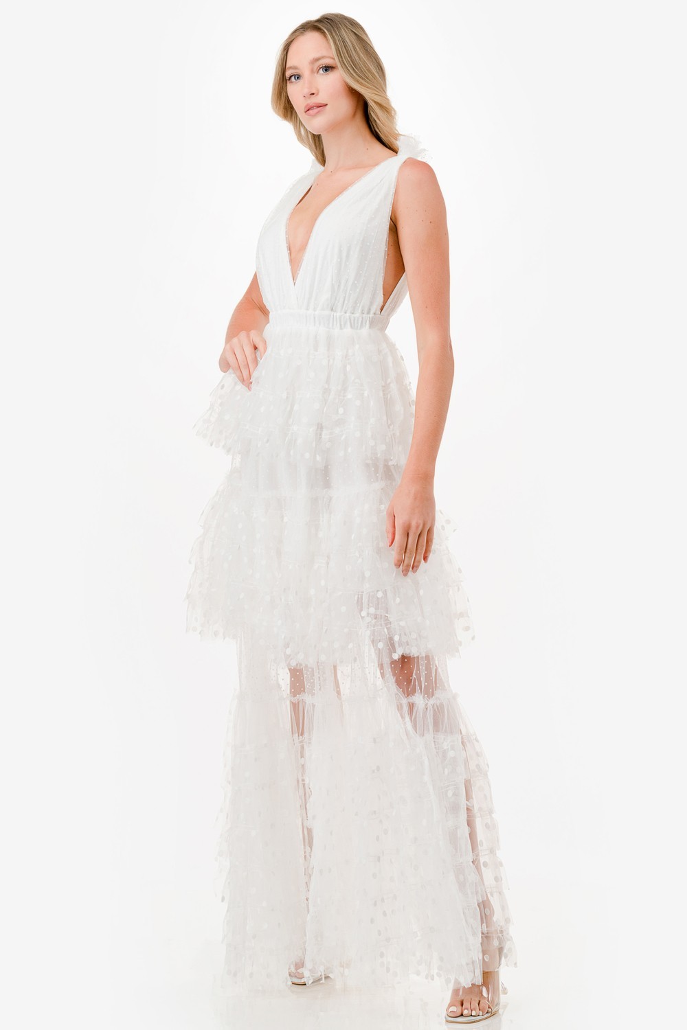 Dot Mix Fabric Mesh Maxi Dress