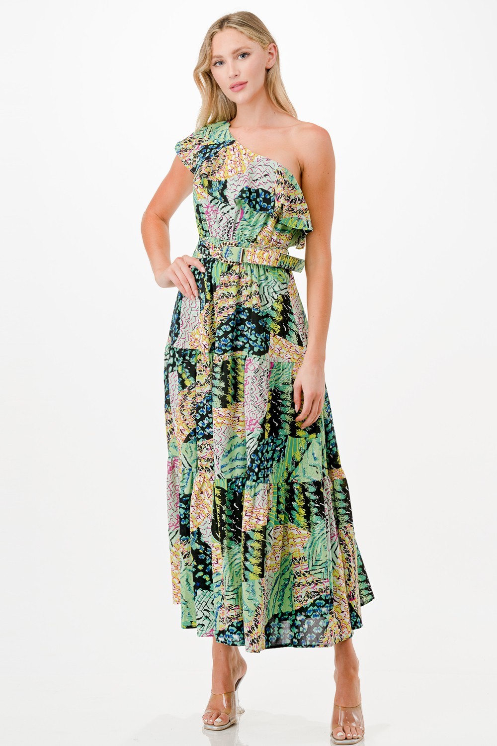 Multi Print One Shoulder Midi Dress