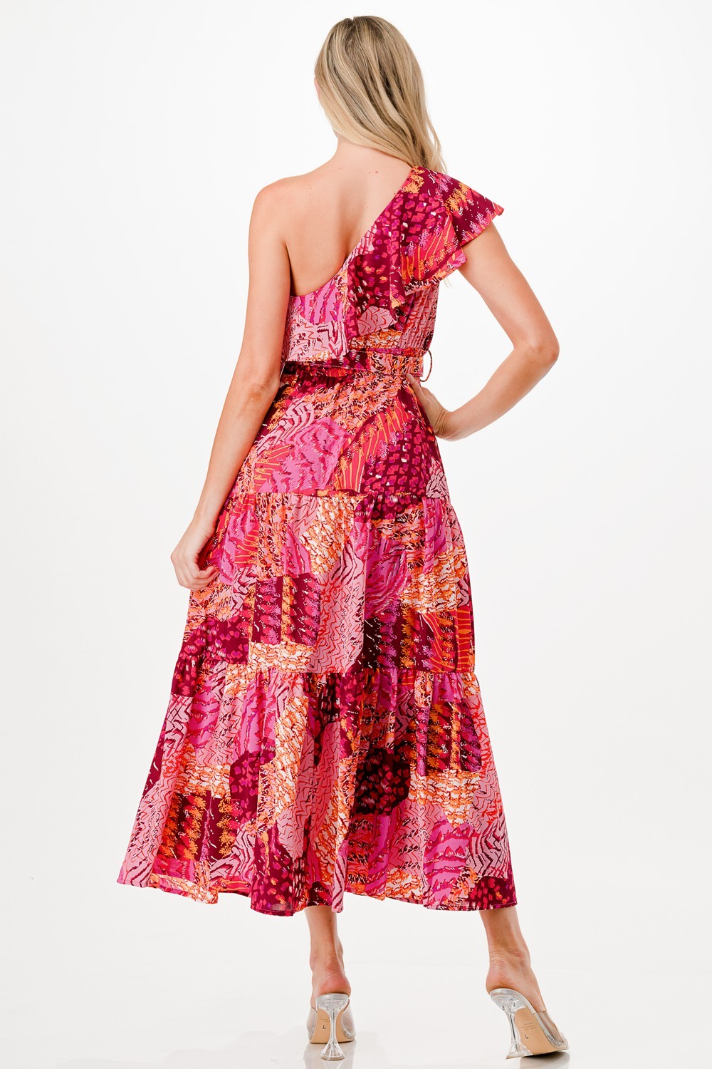 Multi Print One Shoulder Midi Dress