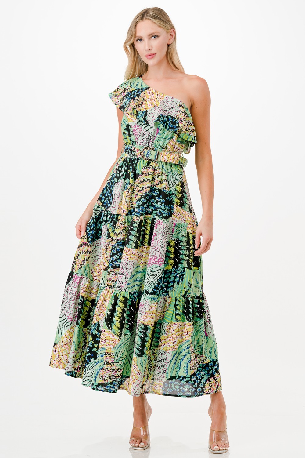 Multi Print One Shoulder Midi Dress