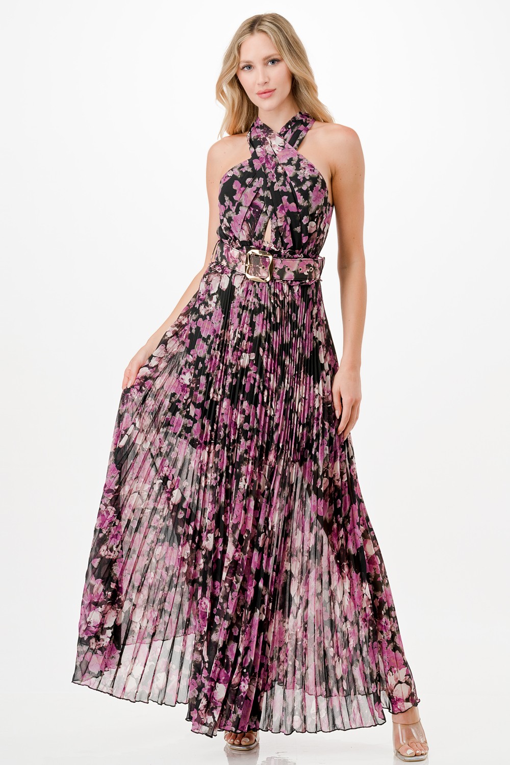 Floral Print Pleats Maxi Dress
