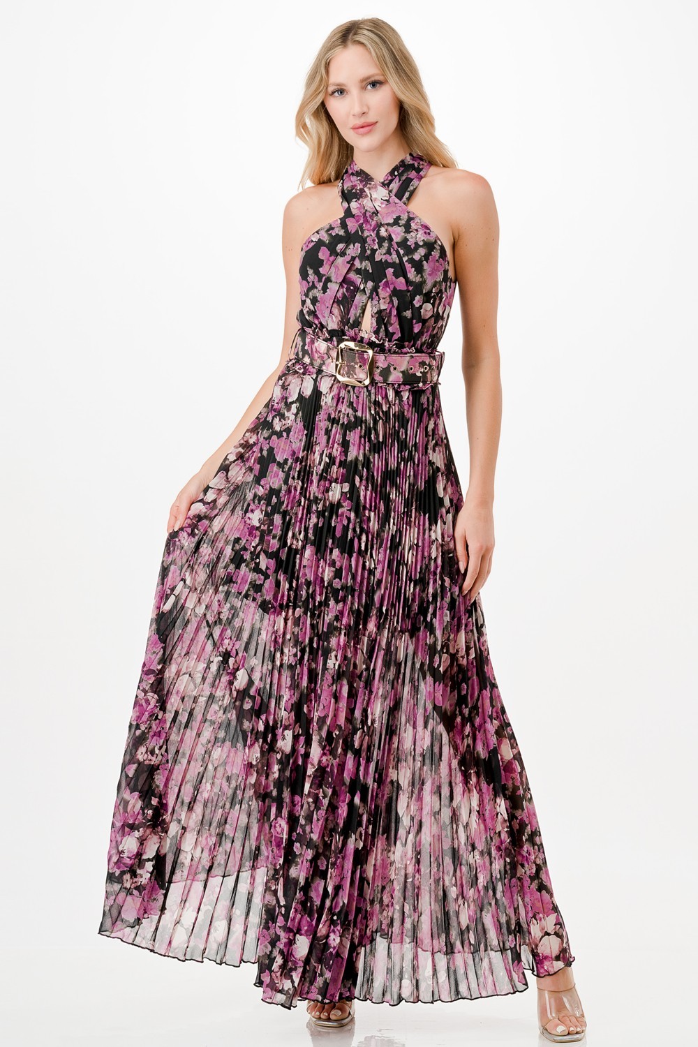 Floral Print Pleats Maxi Dress