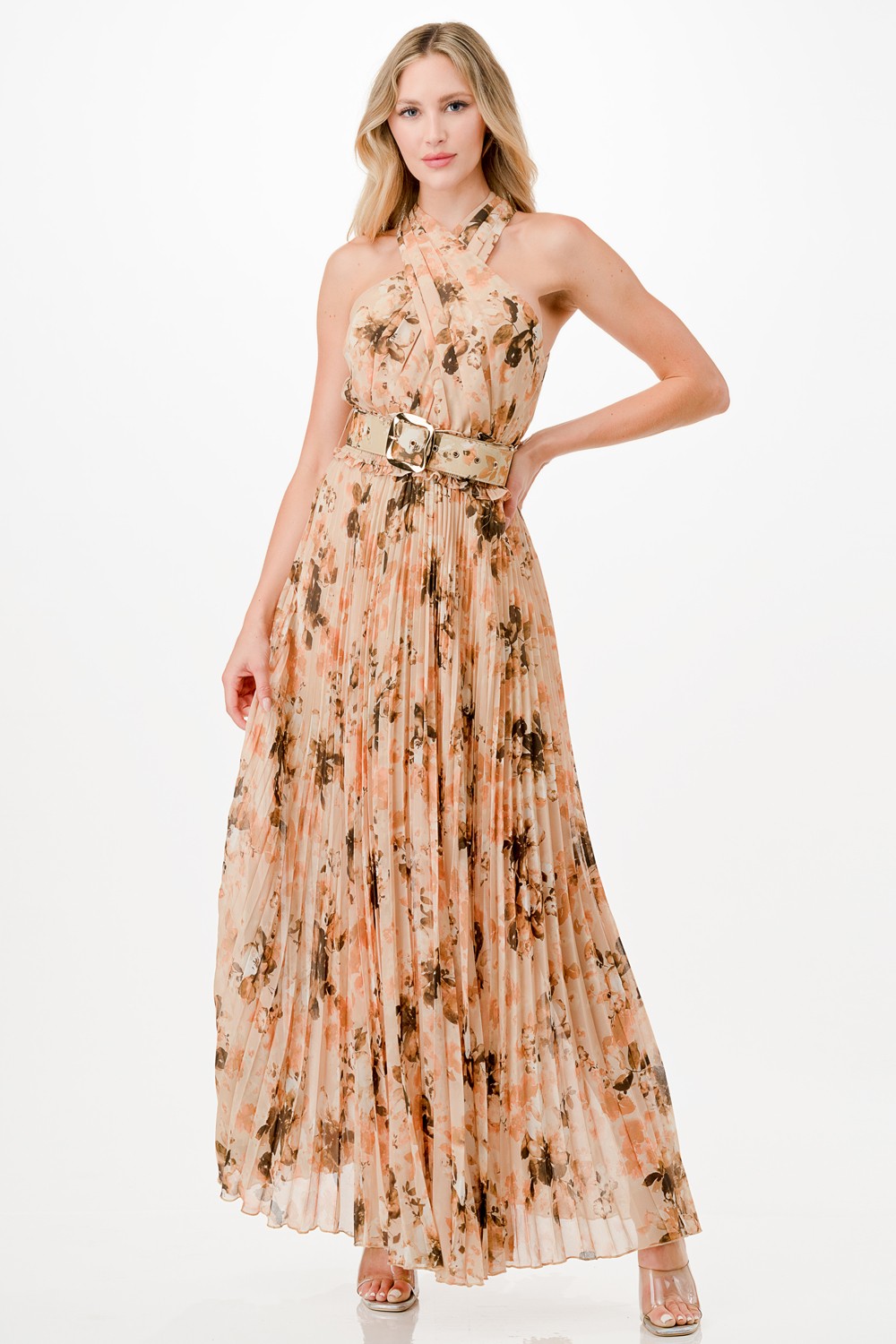 Floral Print Pleats Maxi Dress