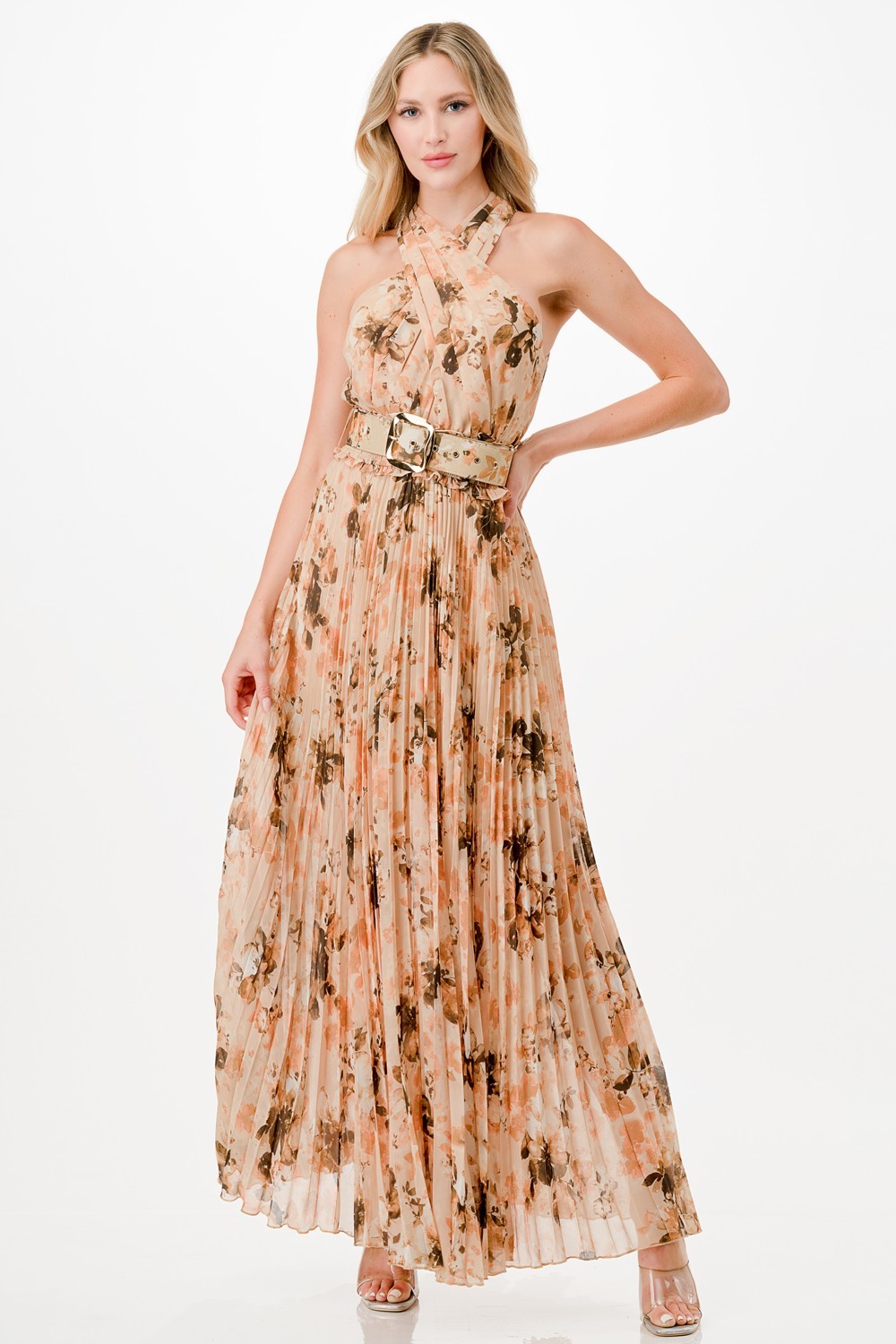 Floral Print Pleats Maxi Dress