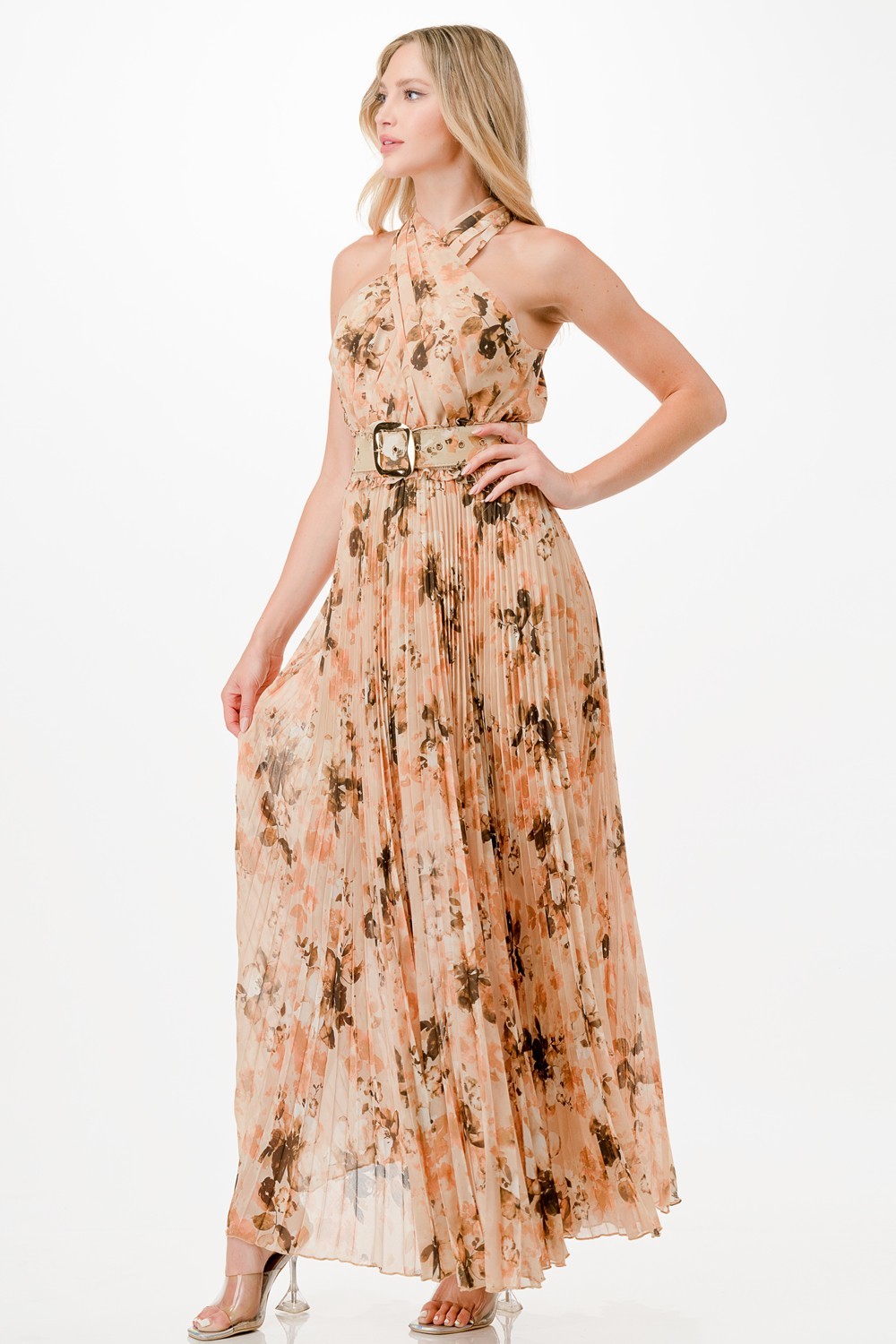 Floral Print Pleats Maxi Dress