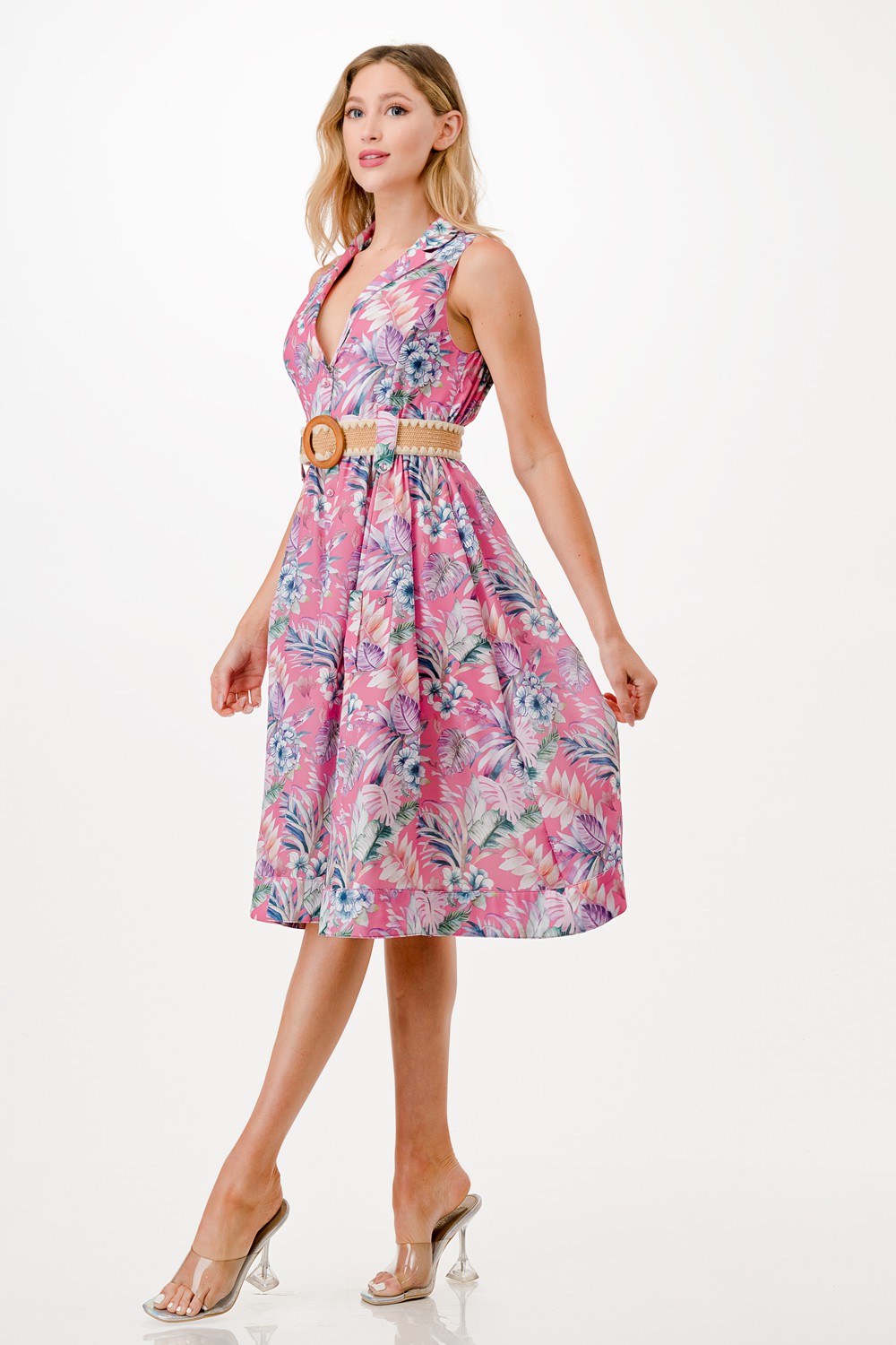 Floral Print Midi Dress with Belt