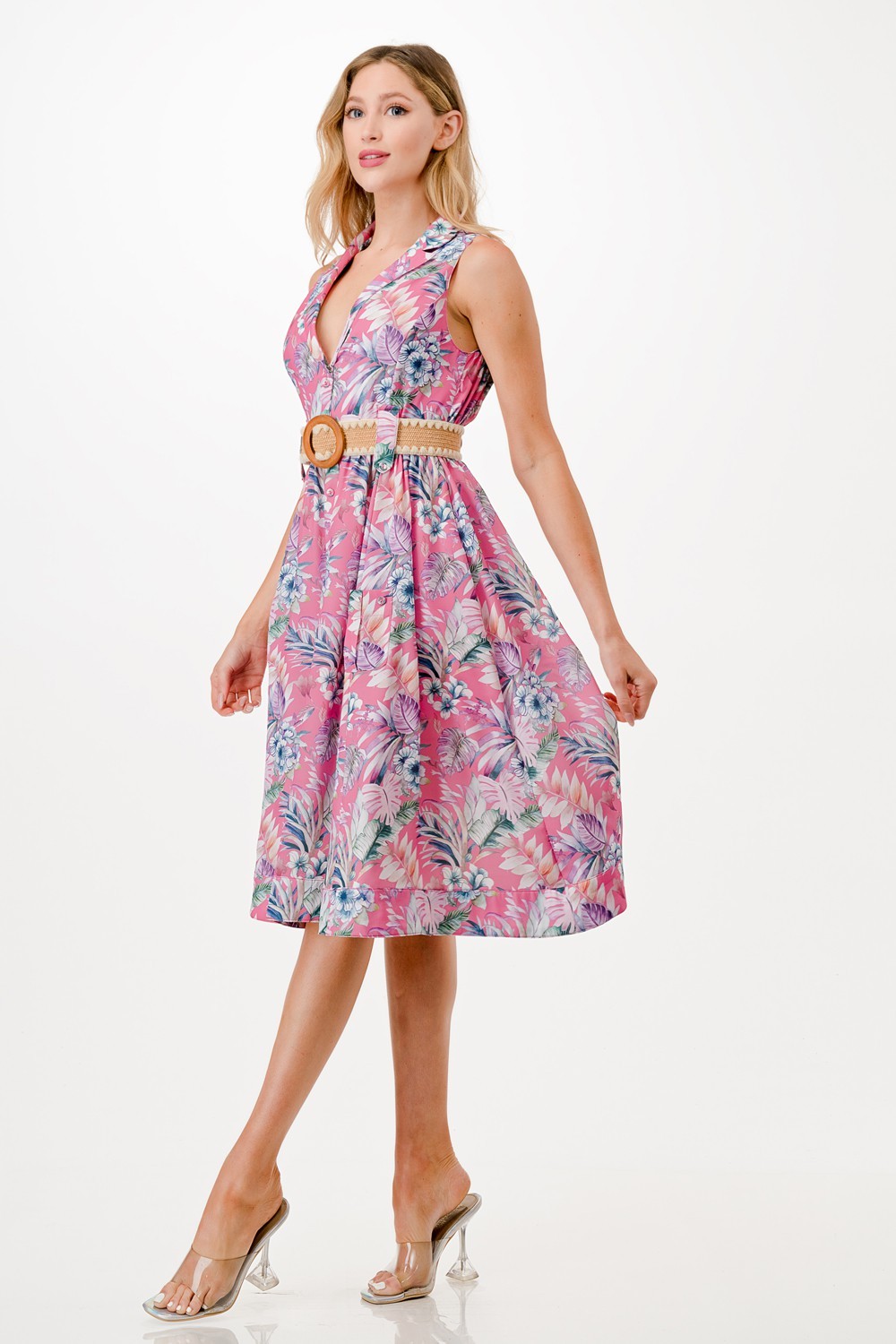 Floral Print Midi Dress with Belt