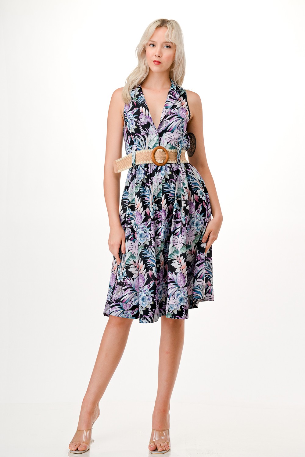 Floral Print Midi Dress with Belt