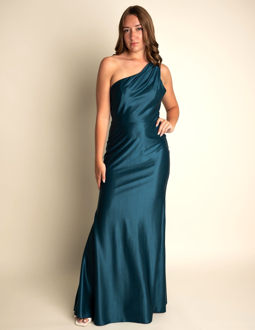 Fit And Flare Dark Navy One Shoulder Bridesmaid Dress #RJBM041