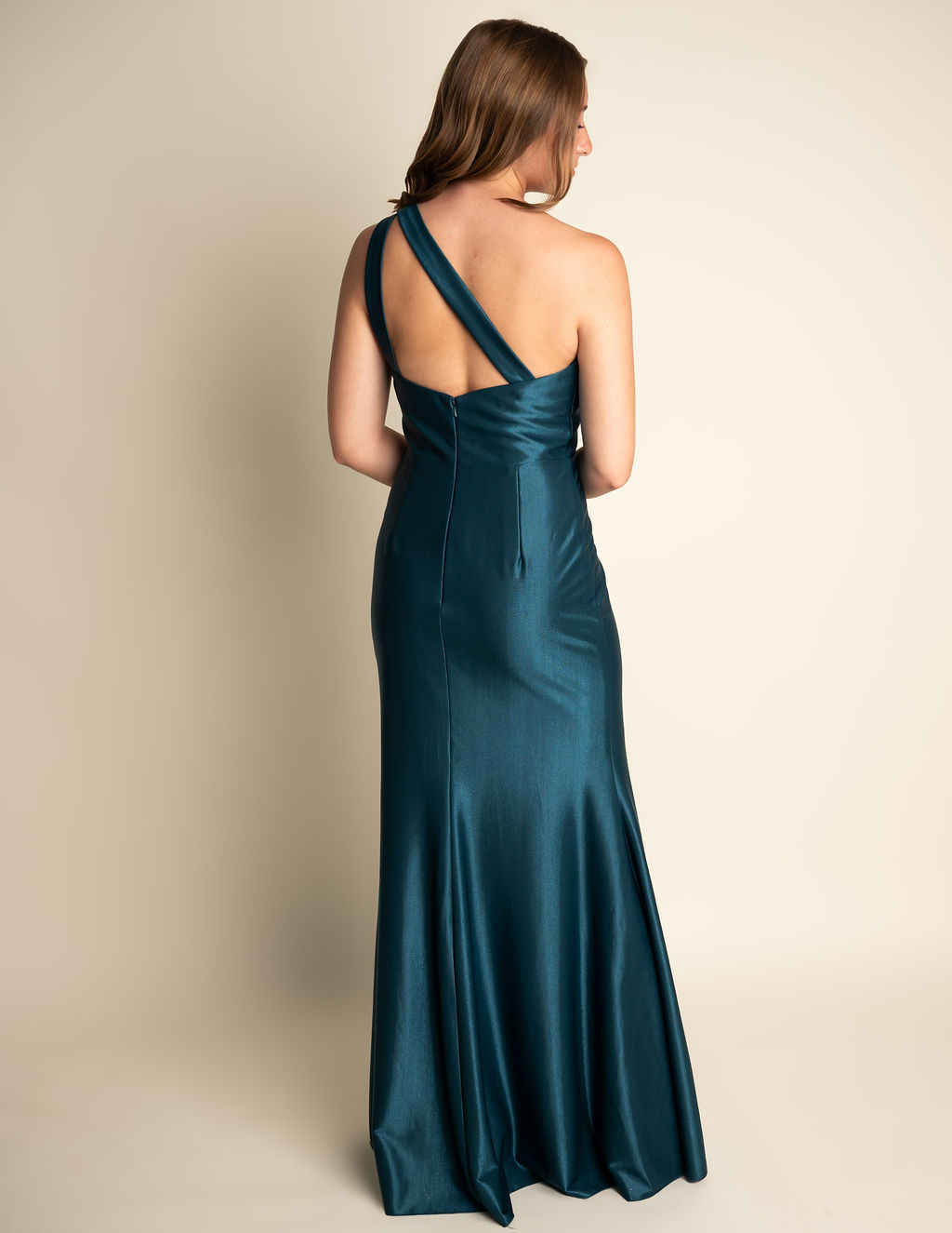 Fit And Flare Dark Navy One Shoulder Bridesmaid Dress #RJBM041