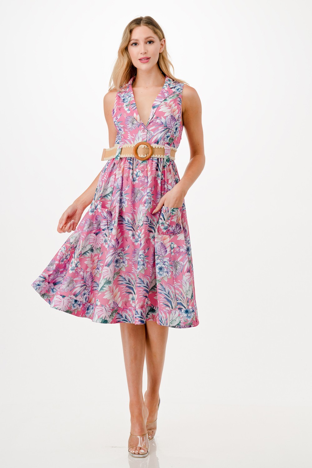 Floral Print Midi Dress with Belt