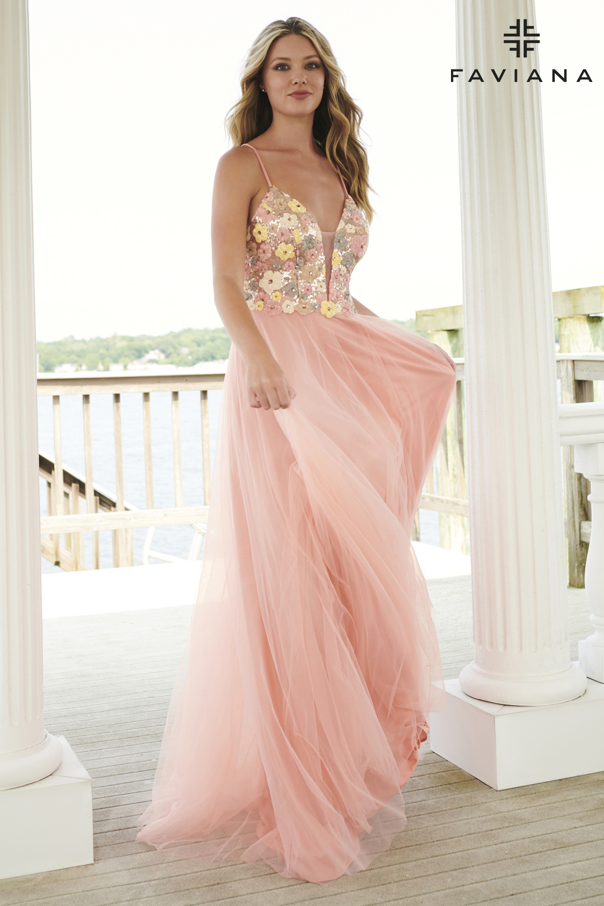 Long Novelty Sequin Tulle Deep V-Neck Prom Dress 11001