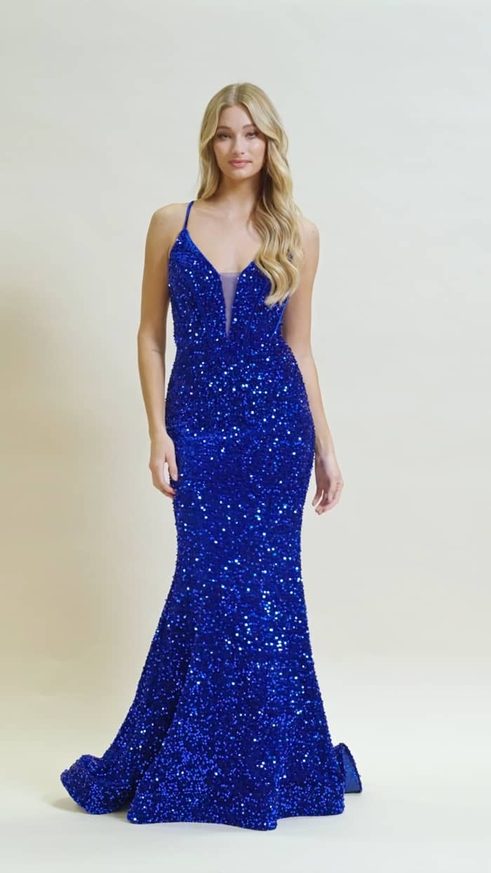 Limmering Mermaid Plunging V-Neckline Sequins Adorn Gown #C1109