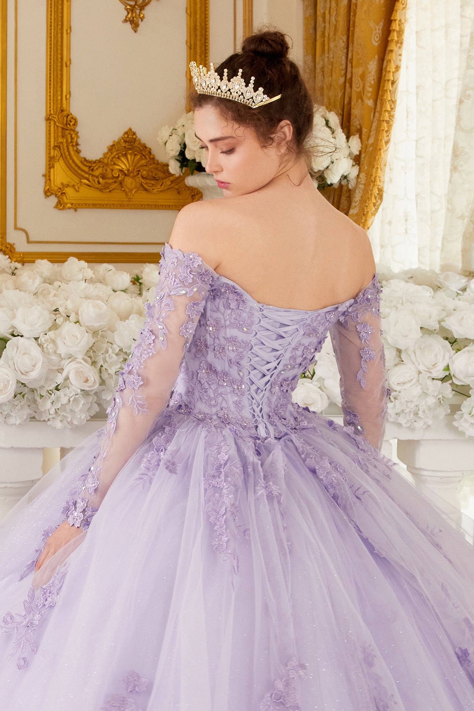 Off The Shoulder Lace Long Sleeve Ball Gown #15706