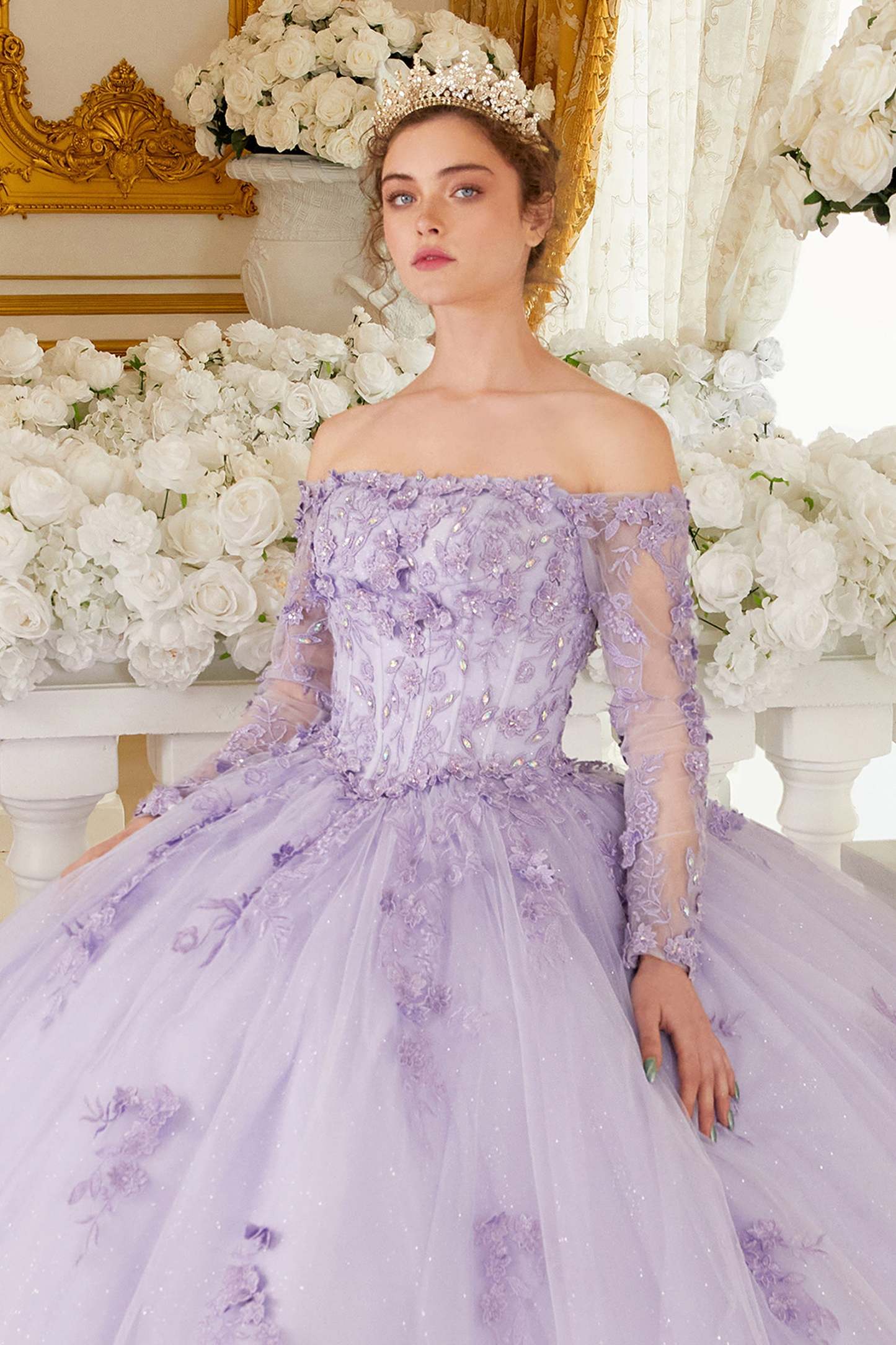 Off The Shoulder Lace Long Sleeve Ball Gown #15706