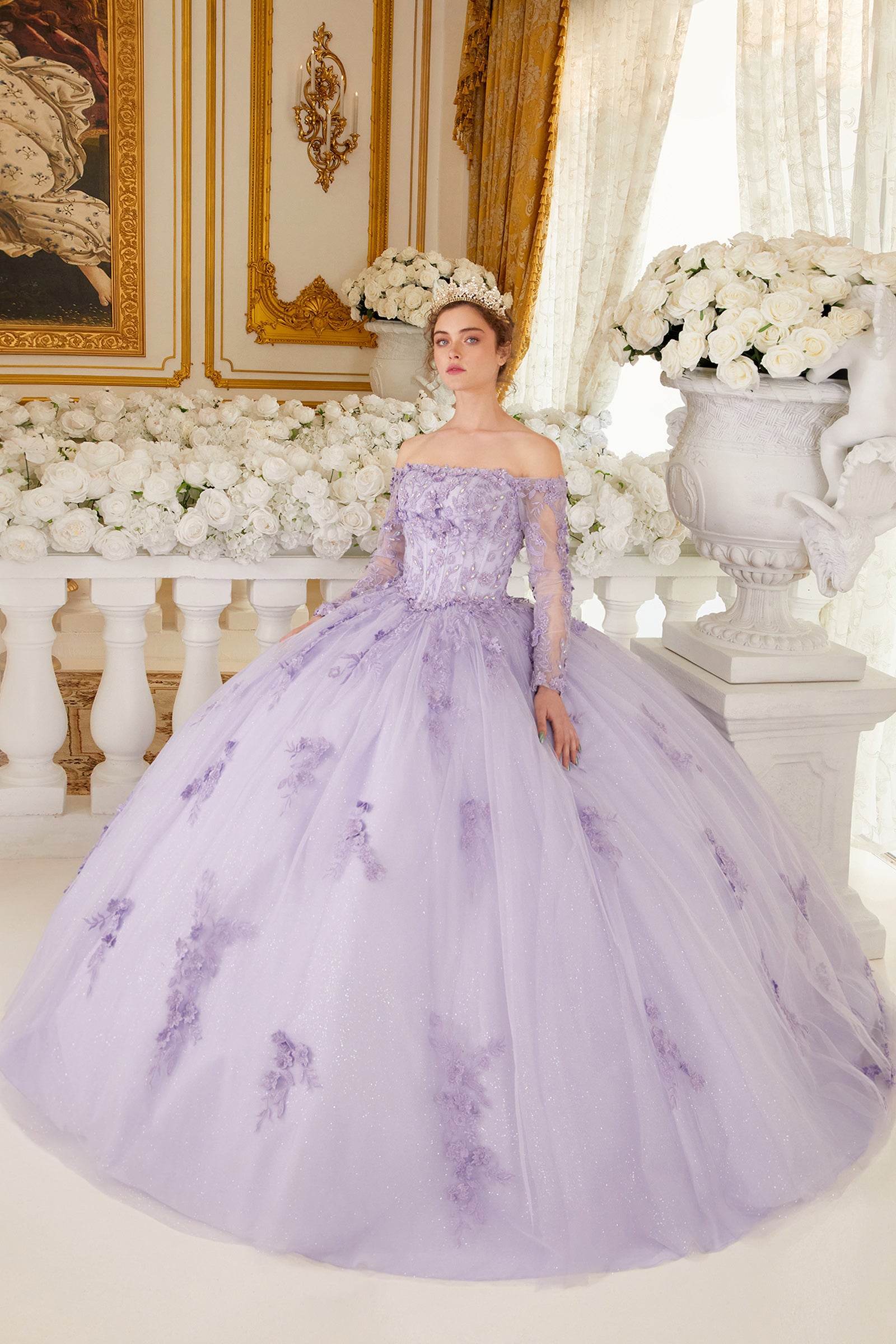 Off The Shoulder Lace Long Sleeve Ball Gown #15706