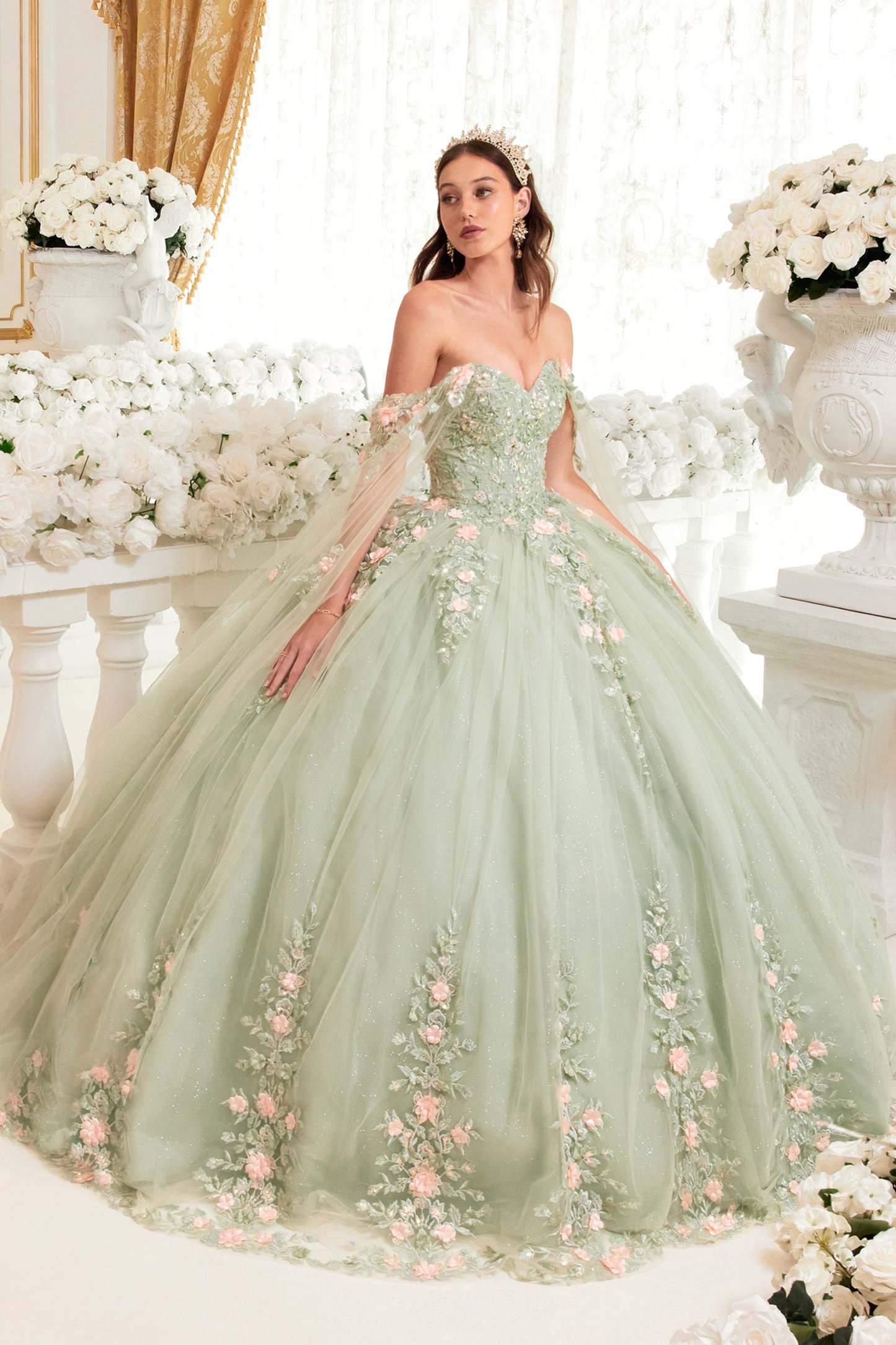 Sage Cape Ball Gown With Blush Floral Details #15716